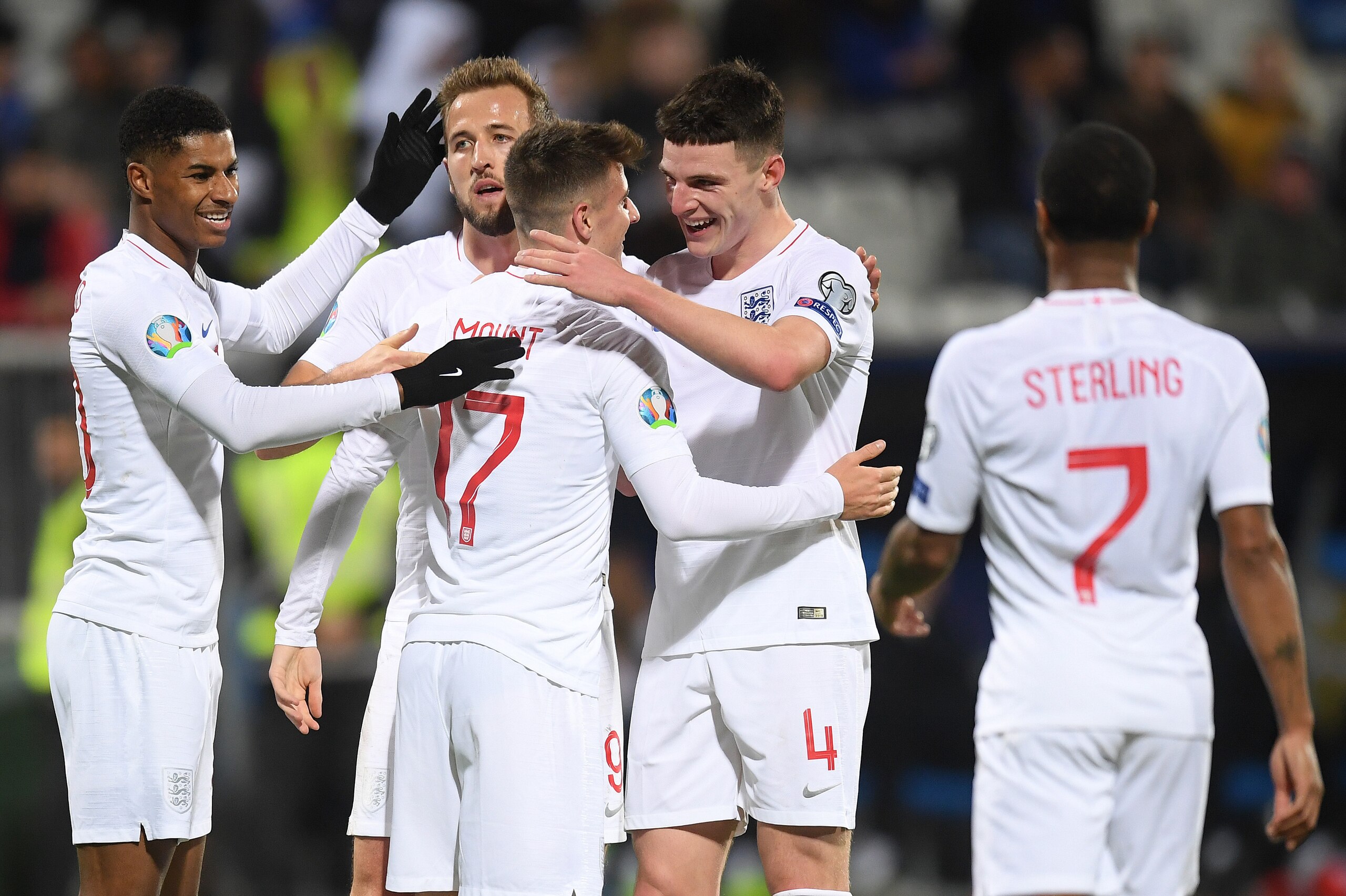 PRISTINA, KOSOVO - NOVEMBER 17: Mason Mount of England celebrates scoring his team's fourth goal with Harry Kane ,Marcus Rashford and Declan Rice  during the UEFA Euro 2020 Qualifier between Kosovo and England at the Pristina City Stadium on November 17, 