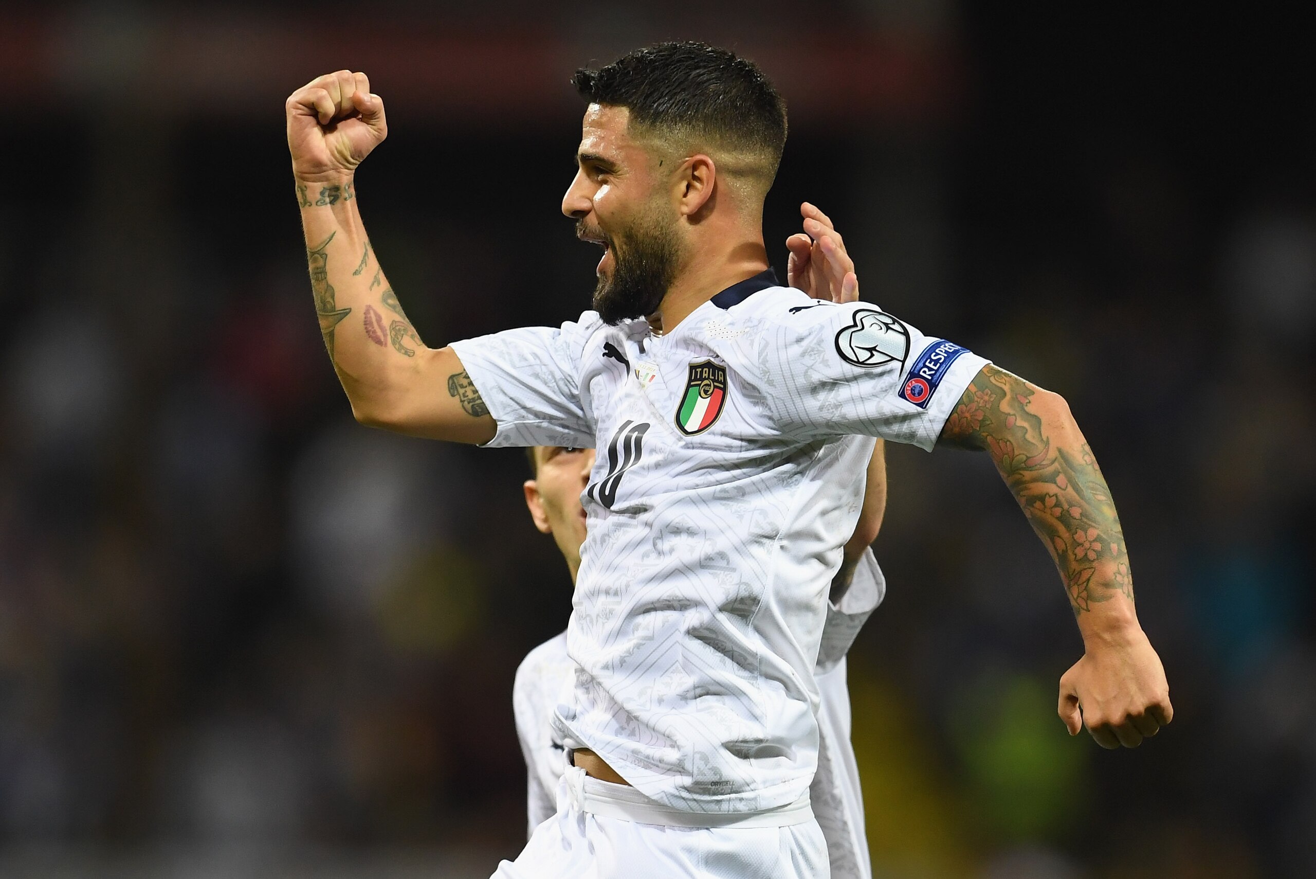 ZENICA, BOSNIA AND HERZEGOVINA - NOVEMBER 15:  Lorenzo Insigne of Italy celebrates after scoring the second goal of his team during the UEFA Euro 2020 Qualifier between Bosnia and Herzegovina and Italy on November 15, 2019 in Zenica, Bosnia and Herzegovin