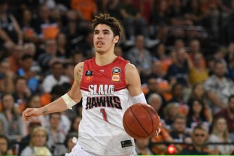 CAIRNS, AUSTRALIA - NOVEMBER 09: LaMelo Ball of the Hawks dribbles the ball during the round six NBL match between the Cairns Taipans and the Illawarra Hawks at the Cairns Convention Centre on November 09, 2019 in Cairns, Australia. (Photo by Ian Hitchcoc