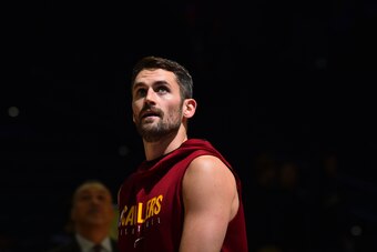 PHILADELPHIA, PA - NOVEMBER 12: Kevin Love #0 of the Cleveland Cavaliers looks on before a game against the Philadelphia 76ers on November 10, 2019 at the Wells Fargo Center in Philadelphia, Pennsylvania NOTE TO USER: User expressly acknowledges and agree