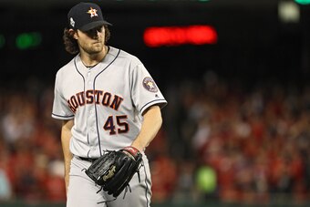 WASHINGTON, DC - OCTOBER 27: Gerrit Cole #45 of the Houston Astros reacts against the Washington Nationals in Game Five of the 2019 World Series at Nationals Park on October 27, 2019 in Washington, DC. (Photo by Patrick Smith/Getty Images)