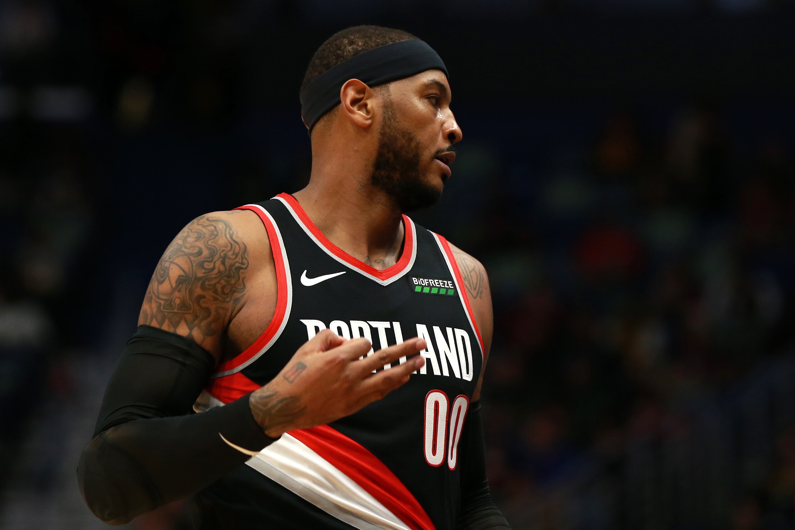 NEW ORLEANS, LOUISIANA - NOVEMBER 19:  Carmelo Anthony #00 of the Portland Trail Blazers reacts after scoring on a three-point basket during a NBA game against the New Orleans Pelicans at the Smoothie King Center on November 19, 2019 in New Orleans, Louis