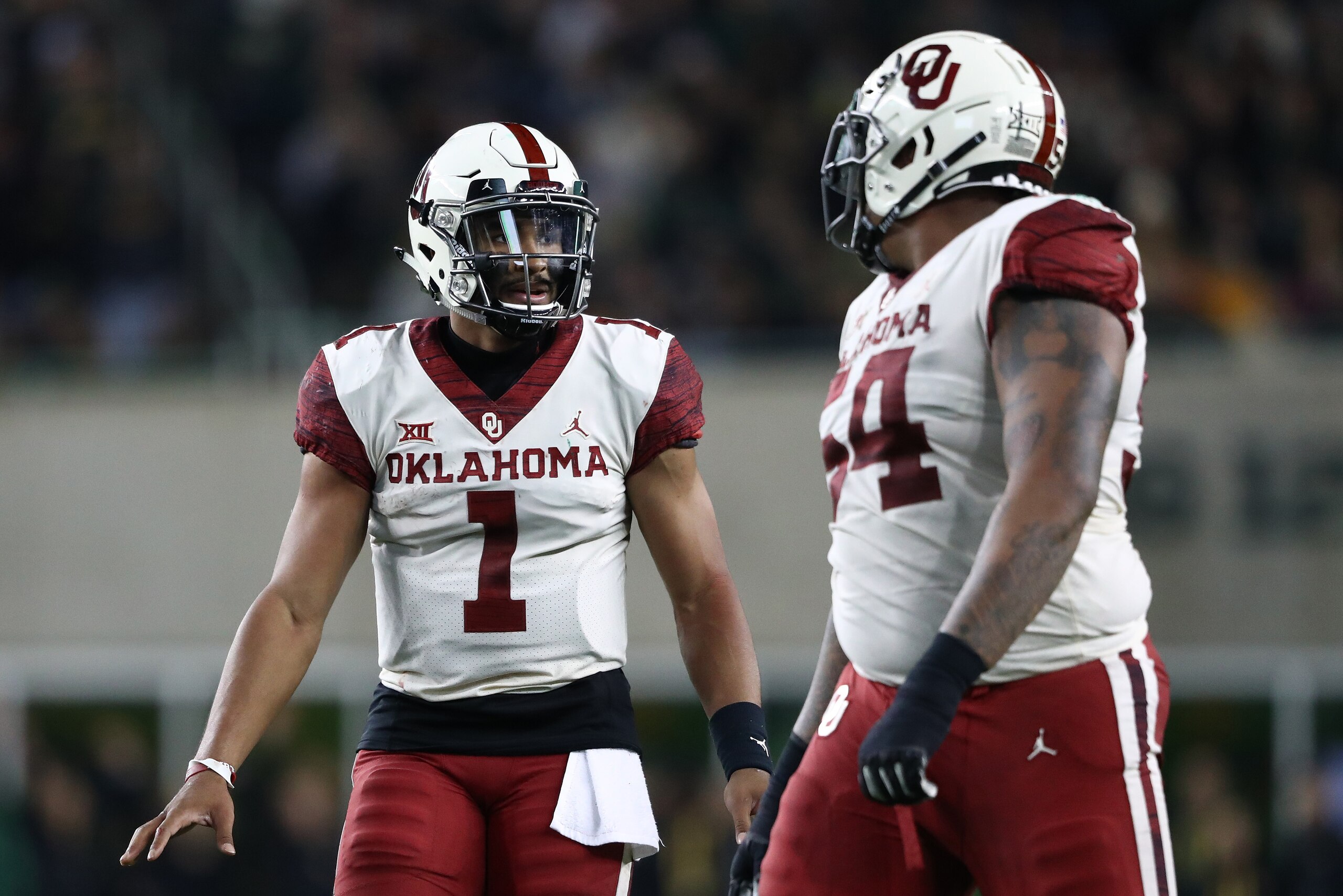 WACO, TEXAS - NOVEMBER 16:  Jalen Hurts #1 of the Oklahoma Sooners at McLane Stadium on November 16, 2019 in Waco, Texas. (Photo by Ronald Martinez/Getty Images)