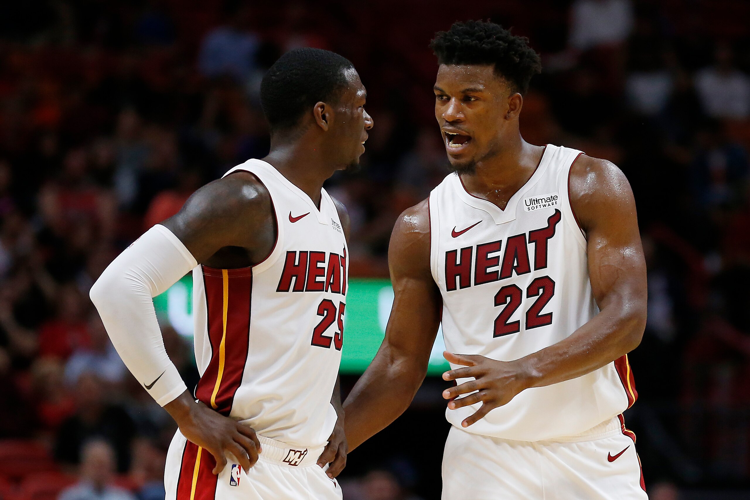 MIAMI, FLORIDA - NOVEMBER 12: Jimmy Butler #22 and Kendrick Nunn #25 of the Miami Heat talk during a break in the action against the Detroit Pistons during the second half at American Airlines Arena on November 12, 2019 in Miami, Florida. NOTE TO USER: U MIAMI, FLORIDA - NOVEMBER 12: Jimmy Butler #22 and Kendrick Nunn #25 of the Miami Heat talk during a break in the action against the Detroit Pistons during the second half at American Airlines Arena on November 12, 2019 in Miami, Florida. NOTE TO USER: U