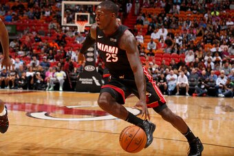 MIAMI, FL - NOVEMBER 16: Kendrick Nunn #25 of the Miami Heat drives to the basket against the New Orleans Pelicans on November 16, 2019 at American Airlines Arena in Miami, Florida. NOTE TO USER: User expressly acknowledges and agrees that, by downloading