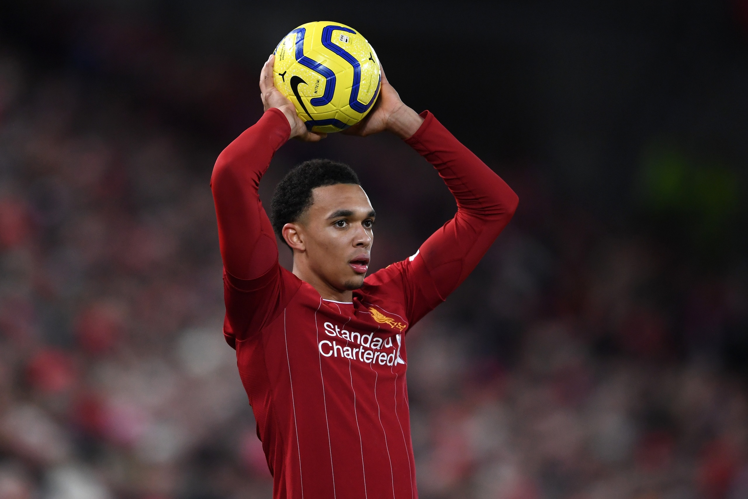 LIVERPOOL, ENGLAND - NOVEMBER 10: Trent Alexander-Arnold of Liverpool prepares to take a throw-in during the Premier League match between Liverpool FC and Manchester City at Anfield on November 10, 2019 in Liverpool, United Kingdom. (Photo by Laurence Gri LIVERPOOL, ENGLAND - NOVEMBER 10: Trent Alexander-Arnold of Liverpool prepares to take a throw-in during the Premier League match between Liverpool FC and Manchester City at Anfield on November 10, 2019 in Liverpool, United Kingdom. (Photo by Laurence Gri