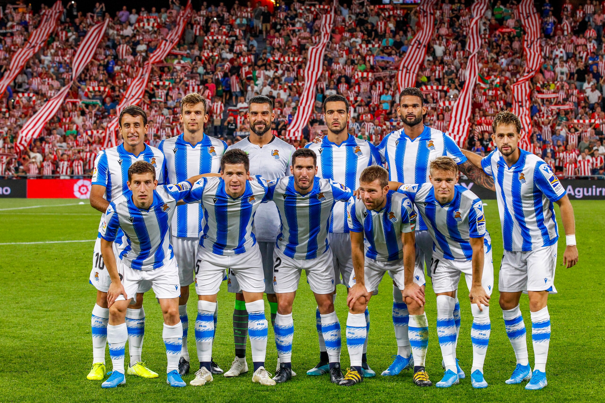 BILBAO, SPAIN - AUGUST 30: teamphoto of Real Sociedad (L-R) Mikel Oyarzabal of Real Sociedad, Diego Llorente of Real Sociedad, Miguel Angel Moya of Real Sociedad, Mikel Merino of Real Sociedad, Willian Jose of Real Sociedad, Adnan Januzaj of Real Sociedad