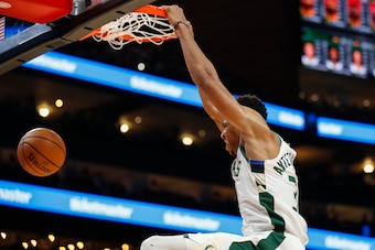 ATLANTA, GA - NOVEMBER 20: Giannis Antetokounmpo #34 of the Milwaukee Bucks slam dunks the ball during the second half of an NBA game against the Atlanta Hawks at State Farm Arena on November 20, 2019 in Atlanta, Georgia. NOTE TO USER: User expressly ackn
