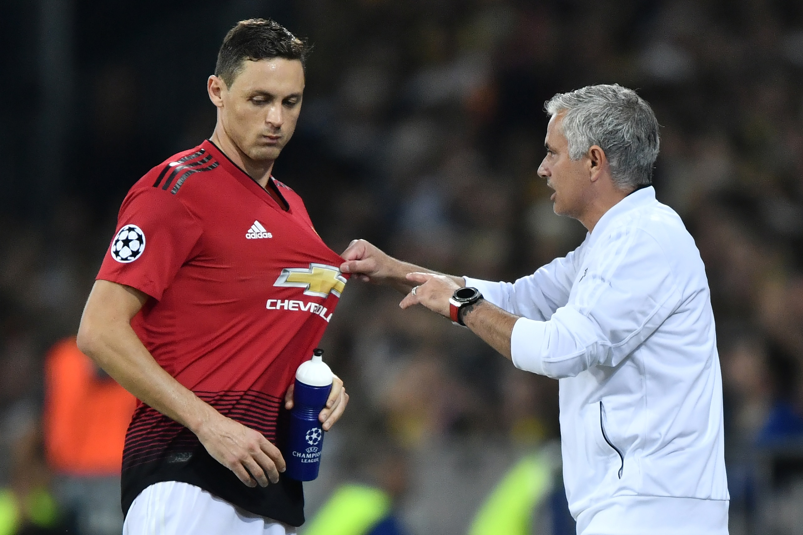 Manchester United's Portuguese manager Jose Mourinho (R) gestures as he speaks with Manchester United's Serbian midfielder Nemanja Matic during the UEFA Champions League group H football match between Young Boys and Manchester United at The Stade de Suiss Manchester United's Portuguese manager Jose Mourinho (R) gestures as he speaks with Manchester United's Serbian midfielder Nemanja Matic during the UEFA Champions League group H football match between Young Boys and Manchester United at The Stade de Suiss
