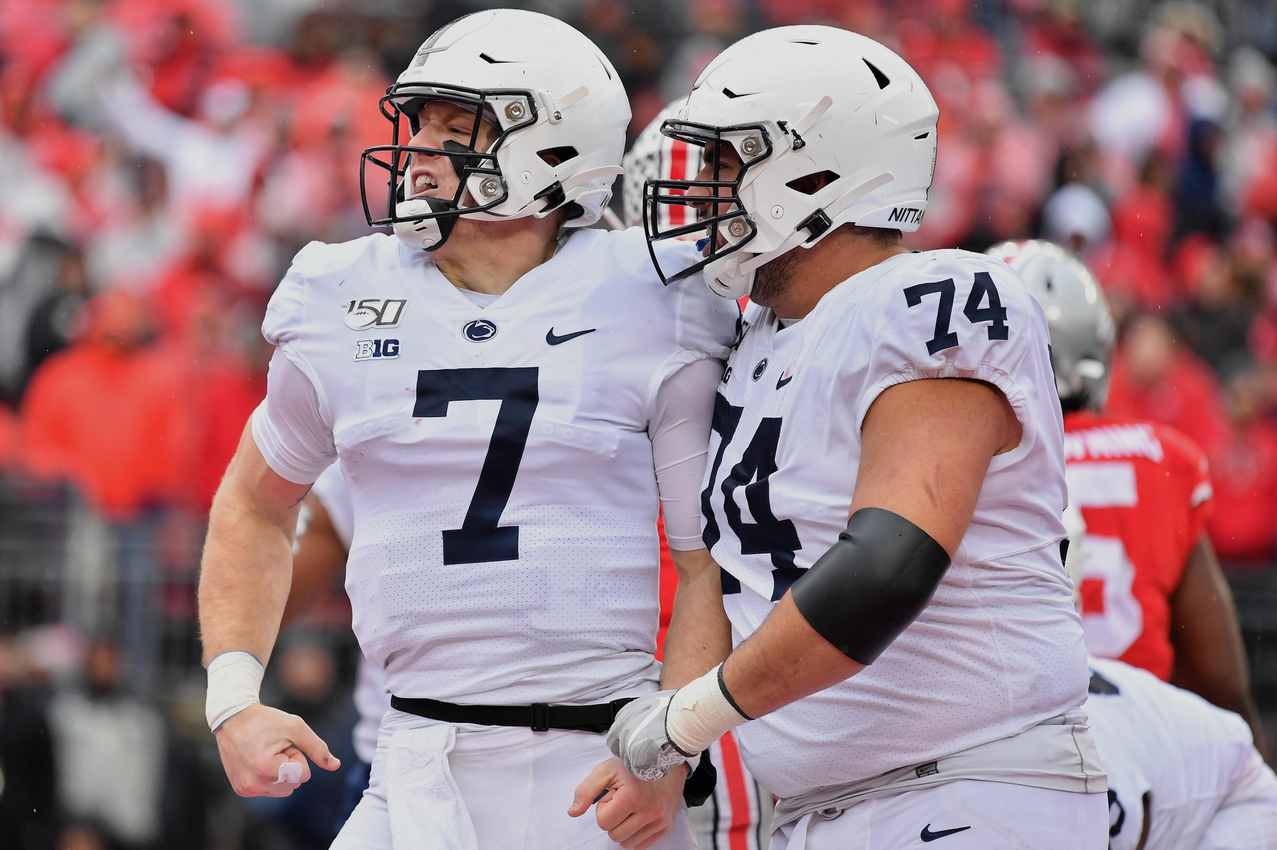 COLUMBUS, OH - NOVEMBER 23:  Quarterback Will Levis #7 of the Penn State Nittany Lions celebrates with Steven Gonzalez #74 of the Penn State Nittany Lions after scoring on a 1-yard touchdown run in the third quarter against the Ohio State Buckeyes at Ohio