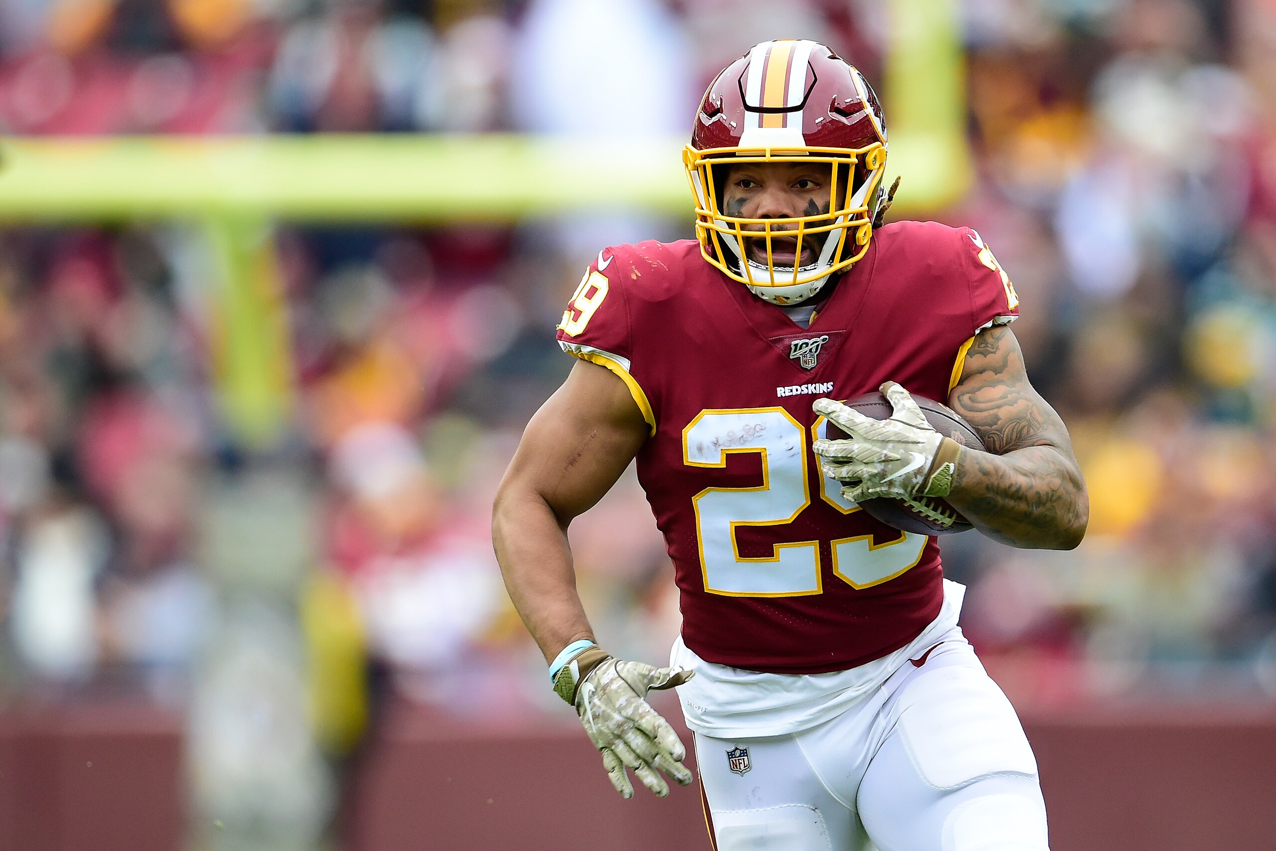LANDOVER, MD - NOVEMBER 17: Derrius Guice #29 of the Washington Redskins runs with the ball in the first half against the New York Jets at FedExField on November 17, 2019 in Landover, Maryland. (Photo by Patrick McDermott/Getty Images)