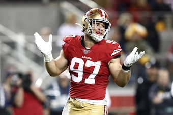 SANTA CLARA, CALIFORNIA - NOVEMBER 24: Nick Bosa #97 of the San Francisco 49ers reacts after making a tackled against the Green Bay Packers at Levi's Stadium on November 24, 2019 in Santa Clara, California. (Photo by Ezra Shaw/Getty Images)