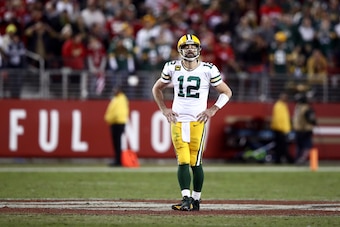 SANTA CLARA, CALIFORNIA - NOVEMBER 24: Aaron Rodgers #12 of the Green Bay Packers reacts after he threw an incomplete pass against the San Francisco 49ers at Levi's Stadium on November 24, 2019 in Santa Clara, California. (Photo by Ezra Shaw/Getty Images)