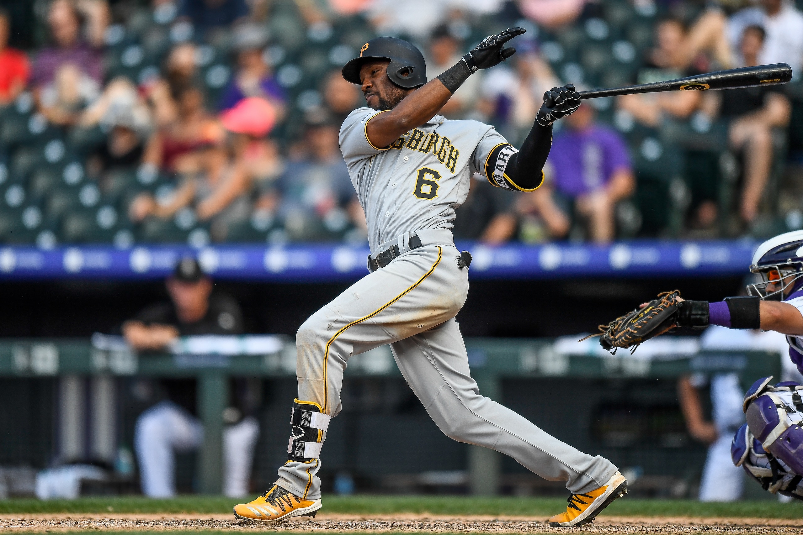 DENVER, CO - SEPTEMBER 1: Starling Marte #6 of the Pittsburgh Pirates hits a ninth inning run-scoring ground out against the Colorado Rockies at Coors Field on September 1, 2019 in Denver, Colorado. (Photo by Dustin Bradford/Getty Images) DENVER, CO - SEPTEMBER 1: Starling Marte #6 of the Pittsburgh Pirates hits a ninth inning run-scoring ground out against the Colorado Rockies at Coors Field on September 1, 2019 in Denver, Colorado. (Photo by Dustin Bradford/Getty Images)