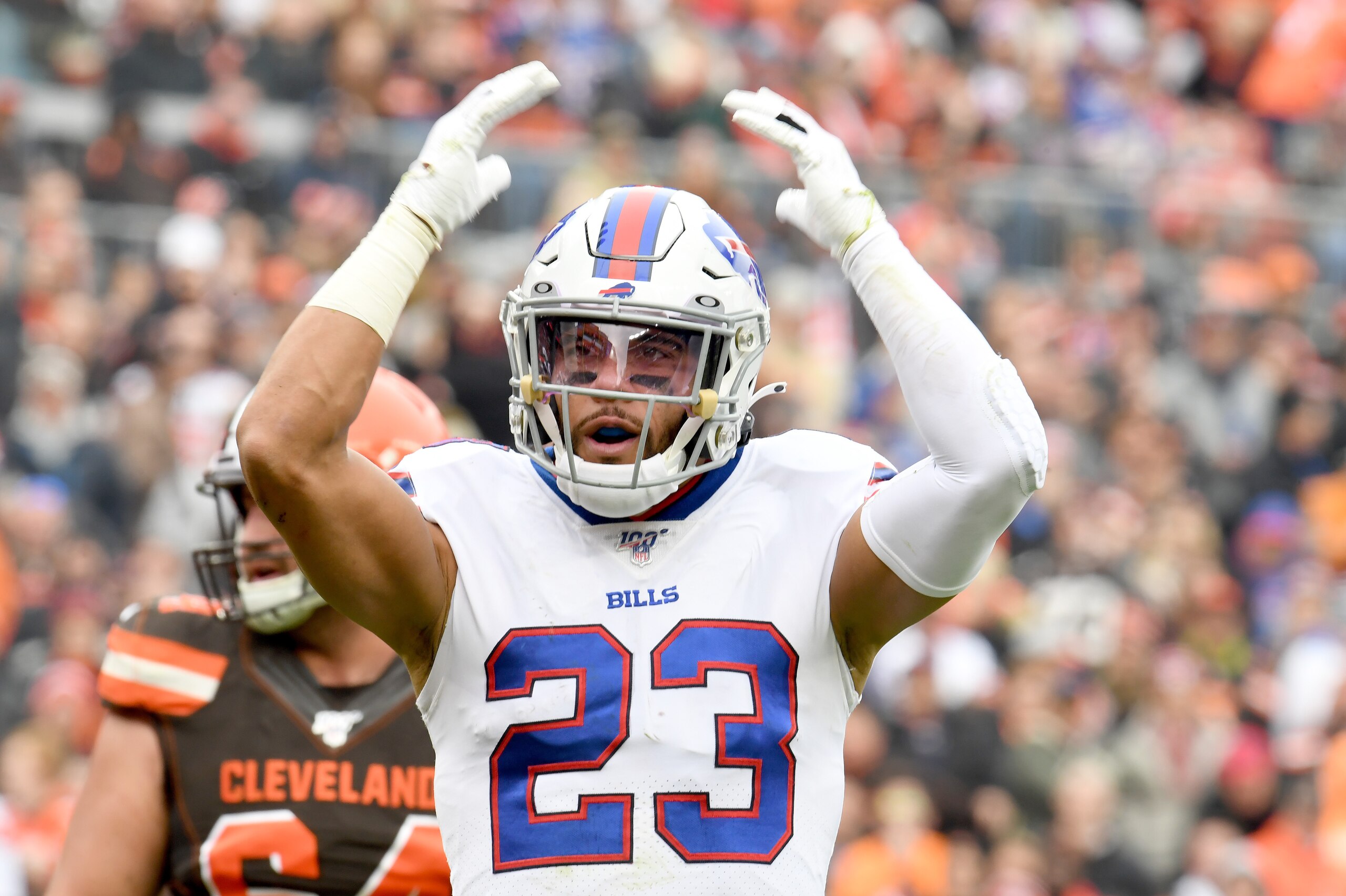 CLEVELAND, OHIO - NOVEMBER 10: Strong safety Micah Hyde #23 of the Buffalo Bills celebrates during the first half against the Cleveland Browns at FirstEnergy Stadium on November 10, 2019 in Cleveland, Ohio. (Photo by Jason Miller/Getty Images)