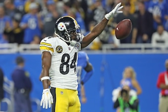 DETROIT, MI - OCTOBER 29: Antonio Brown #84 of the Pittsburgh Steelers drops the ball in celebration of a first down during the fourth quarter of the game against the Detroit Lions at Ford Field on October 29, 2017 in Detroit, Michigan. Pittsburgh Steeler