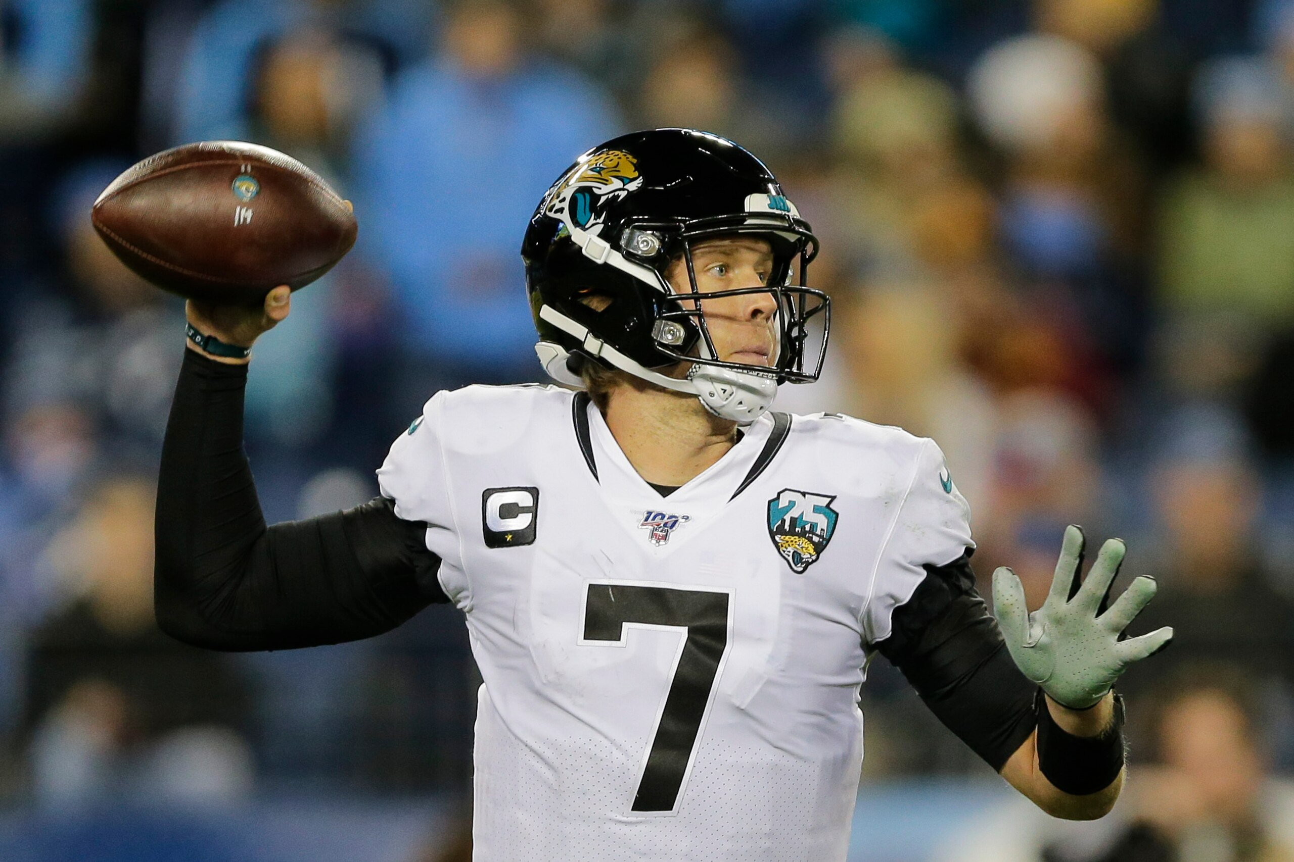 NASHVILLE, TENNESSEE - NOVEMBER 24: Nick Foles #7 of the Jacksonville Jaguars throws a pass against the Tennessee Titans during the fourth quarter of the game at Nissan Stadium on November 24, 2019 in Nashville, Tennessee. (Photo by Silas Walker/Getty Ima