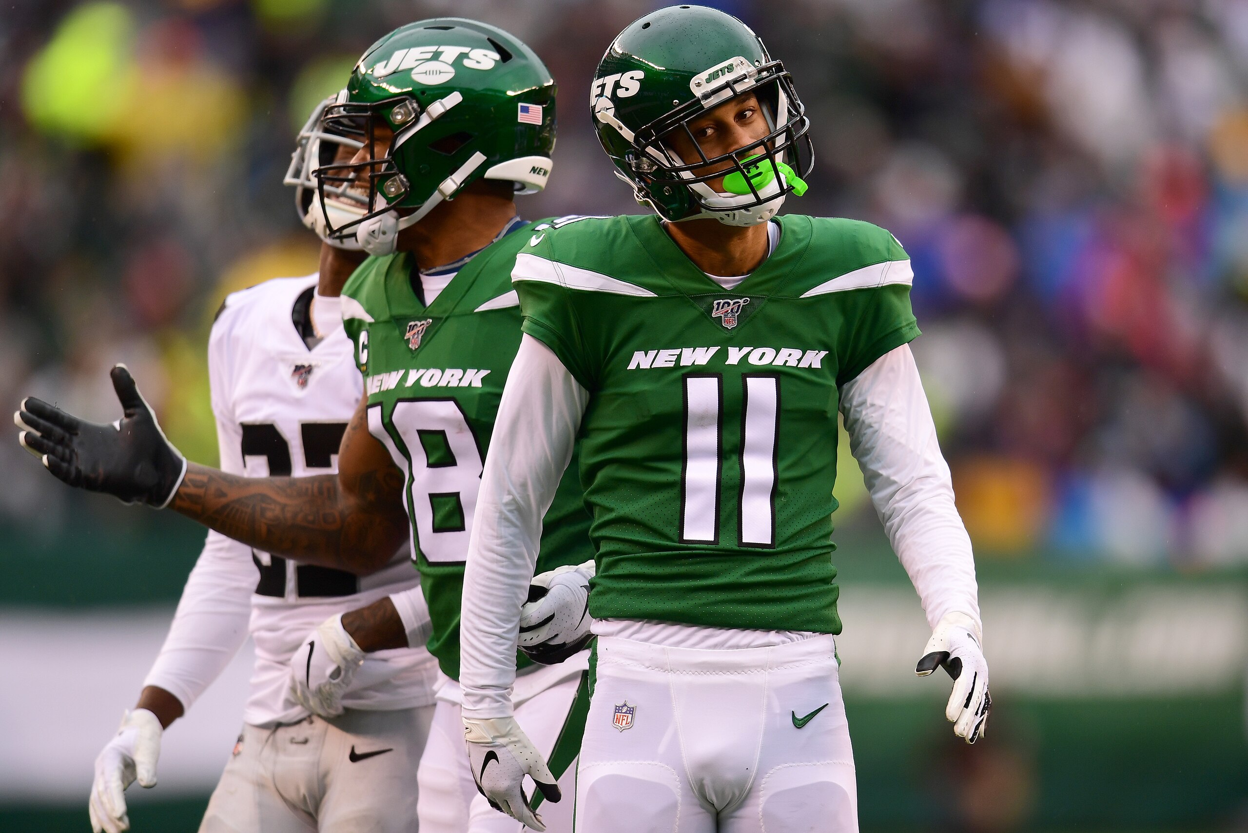 EAST RUTHERFORD, NEW JERSEY - NOVEMBER 24: Robby Anderson #11 of the New York Jets reacts after catching a pass during the second quarter of their game against the Oakland Raiders at MetLife Stadium on November 24, 2019 in East Rutherford, New Jersey. (Ph