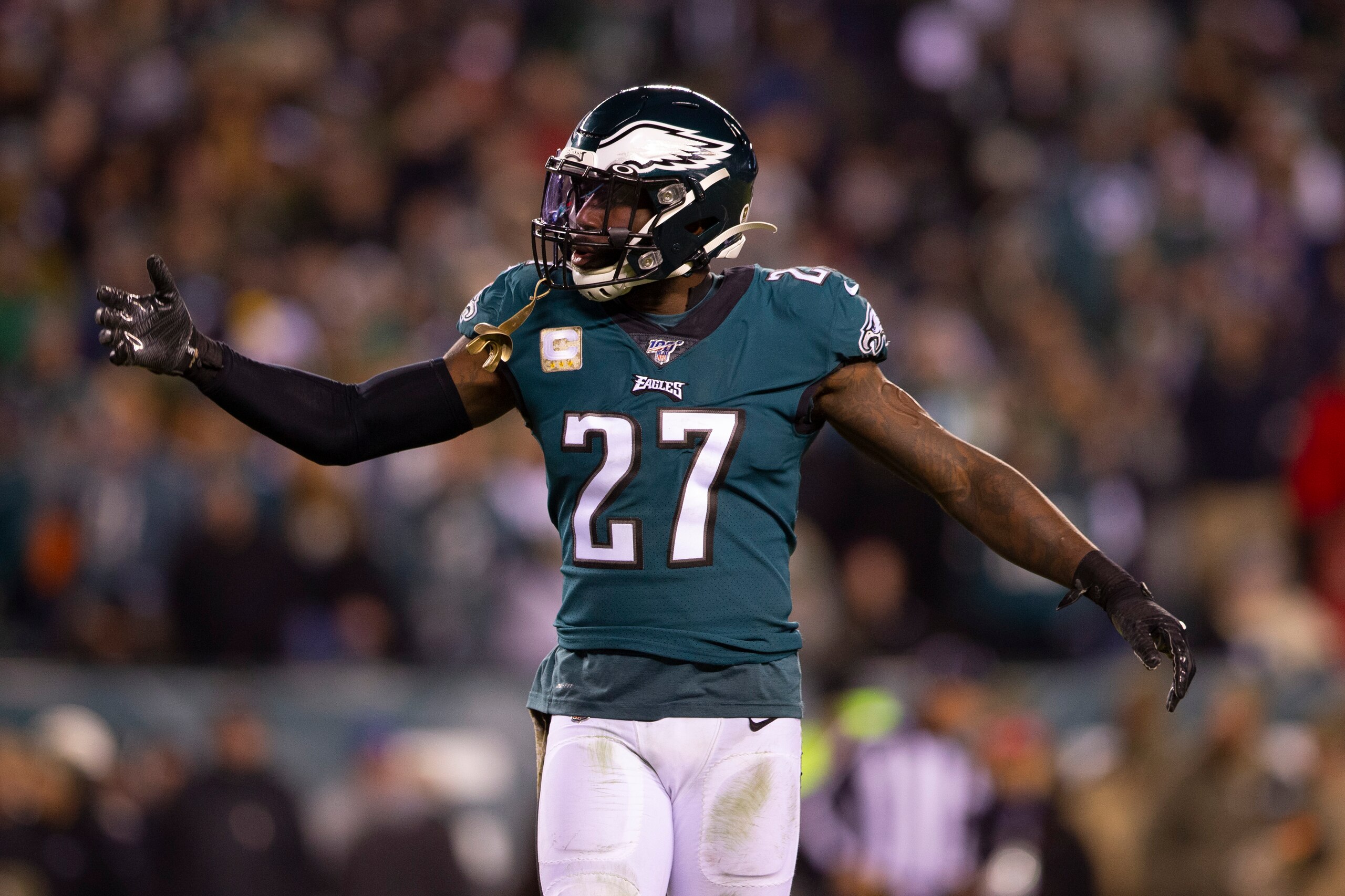 PHILADELPHIA, PA - NOVEMBER 17: Malcolm Jenkins #27 of the Philadelphia Eagles reacts against the New England Patriots at Lincoln Financial Field on November 17, 2019 in Philadelphia, Pennsylvania. (Photo by Mitchell Leff/Getty Images)