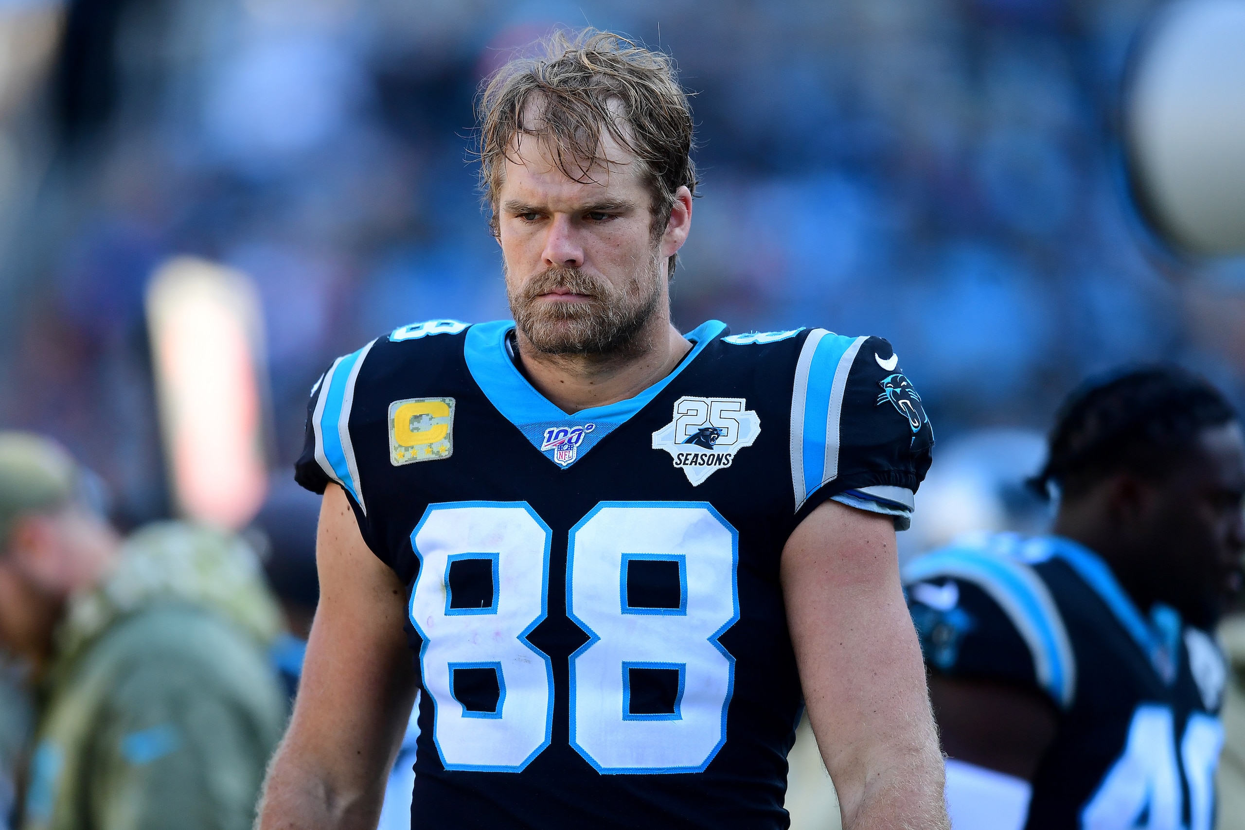 CHARLOTTE, NORTH CAROLINA - NOVEMBER 17: Greg Olsen #88 of the Carolina Panthers during the first half during their game against the Atlanta Falcons at Bank of America Stadium on November 17, 2019 in Charlotte, North Carolina. (Photo by Jacob Kupferman/Ge