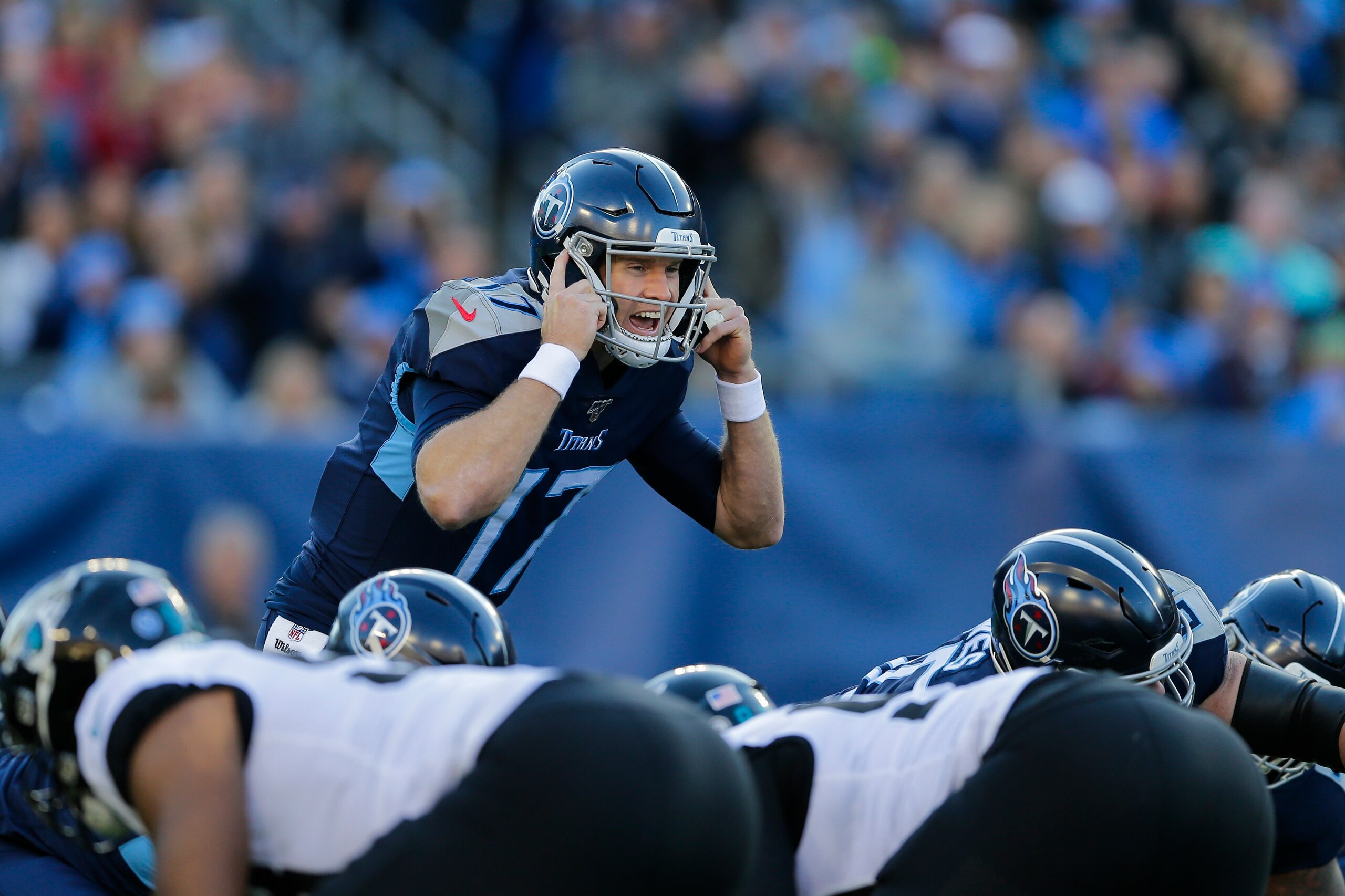 NASHVILLE, TENNESSEE - NOVEMBER 24: Ryan Tannehill #17 of the Tennessee Titans calls a play against the Jacksonville Jaguars during the second quarter of the game at Nissan Stadium on November 24, 2019 in Nashville, Tennessee. (Photo by Silas Walker/Getty
