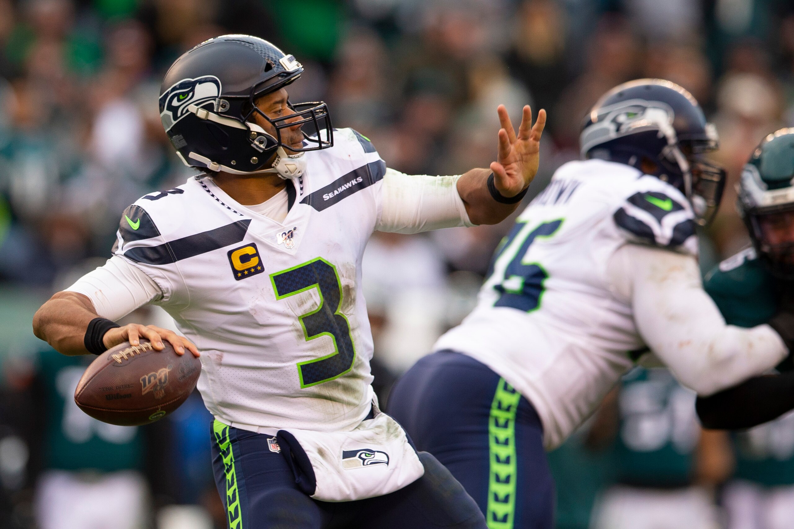 PHILADELPHIA, PA - NOVEMBER 24: Russell Wilson #3 of the Seattle Seahawks passes the ball against the Philadelphia Eagles at Lincoln Financial Field on November 24, 2019 in Philadelphia, Pennsylvania. (Photo by Mitchell Leff/Getty Images)