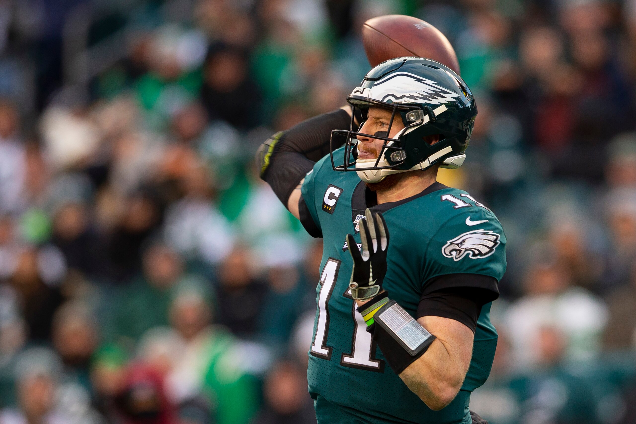 PHILADELPHIA, PA - NOVEMBER 24: Carson Wentz #11 of the Philadelphia Eagles passes the ball against the Seattle Seahawks at Lincoln Financial Field on November 24, 2019 in Philadelphia, Pennsylvania. (Photo by Mitchell Leff/Getty Images)