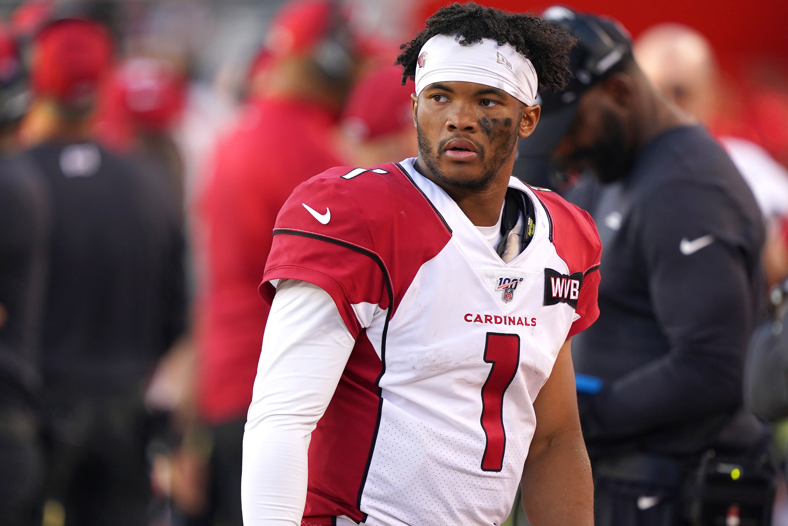 SANTA CLARA, CALIFORNIA - NOVEMBER 17: Kyler Murray #1 of the Arizona Cardinals looks on against the San Francisco 49ers during the second half of an NFL football game at Levi's Stadium on November 17, 2019 in Santa Clara, California. (Photo by Thearon W.