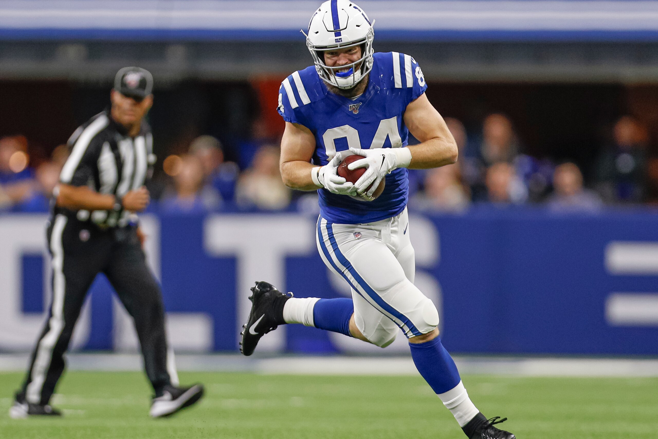 INDIANAPOLIS, IN - NOVEMBER 10: Jack Doyle #84 of the Indianapolis Colts runs the ball during the game against the Miami Dolphins at Lucas Oil Stadium on November 10, 2019 in Indianapolis, Indiana. (Photo by Michael Hickey/Getty Images)