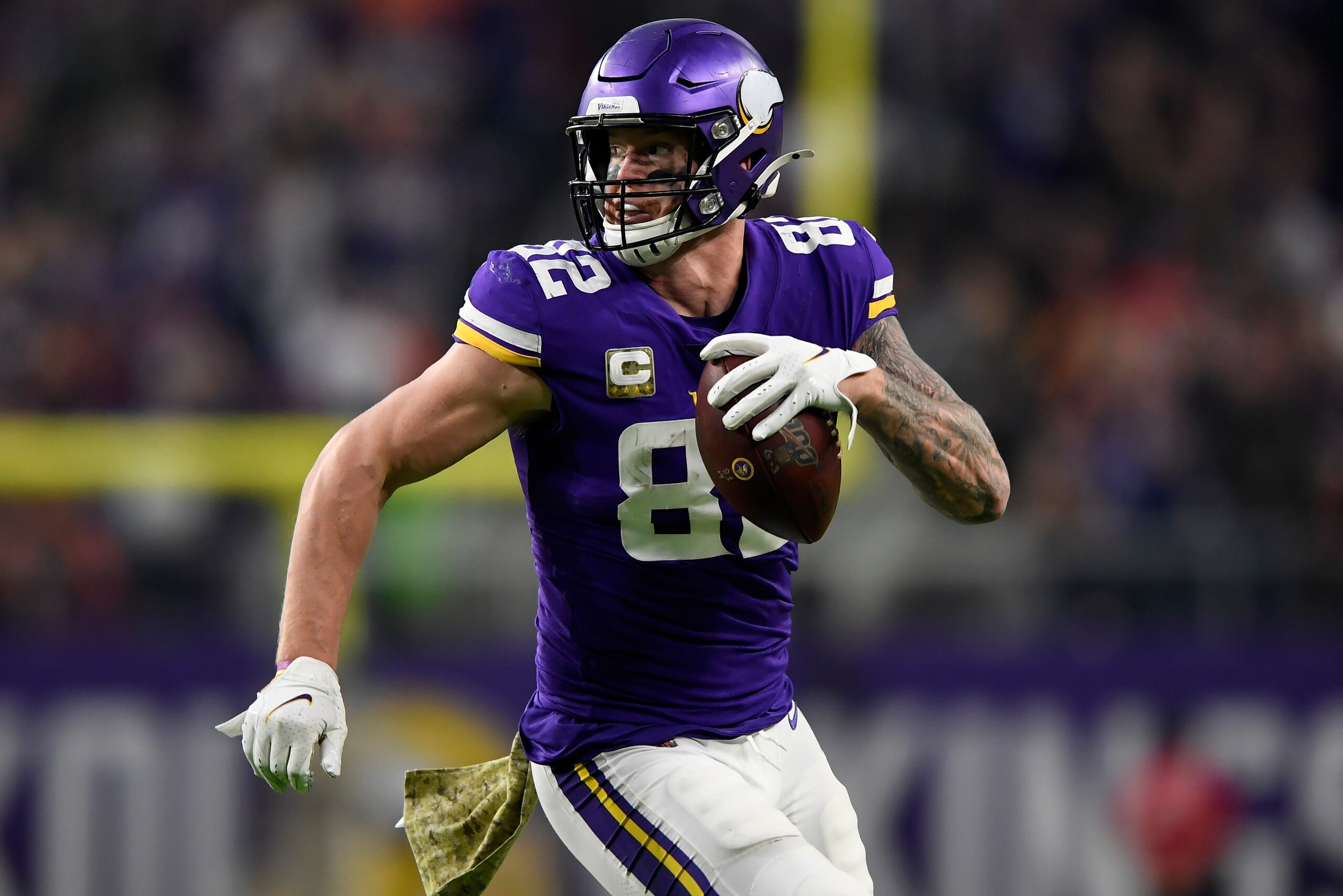 MINNEAPOLIS, MINNESOTA - NOVEMBER 17:  Kyle Rudolph #82 of the Minnesota Vikings makes a touchdown pass reception against the Denver Broncos in the fourth quarter at U.S. Bank Stadium on November 17, 2019 in Minneapolis, Minnesota. (Photo by Hannah Foslie