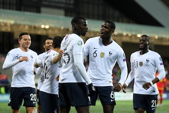 ANDORRA LA VELLA, ANDORRA - JUNE 11: Kurt Zouma of France celebrates with teammates after scoring his team's fourth goal  during the UEFA Euro 2020 Qualification match between Andorra and France on June 11, 2019 in Andorra la Vella, Andorra. (Photo by Dav