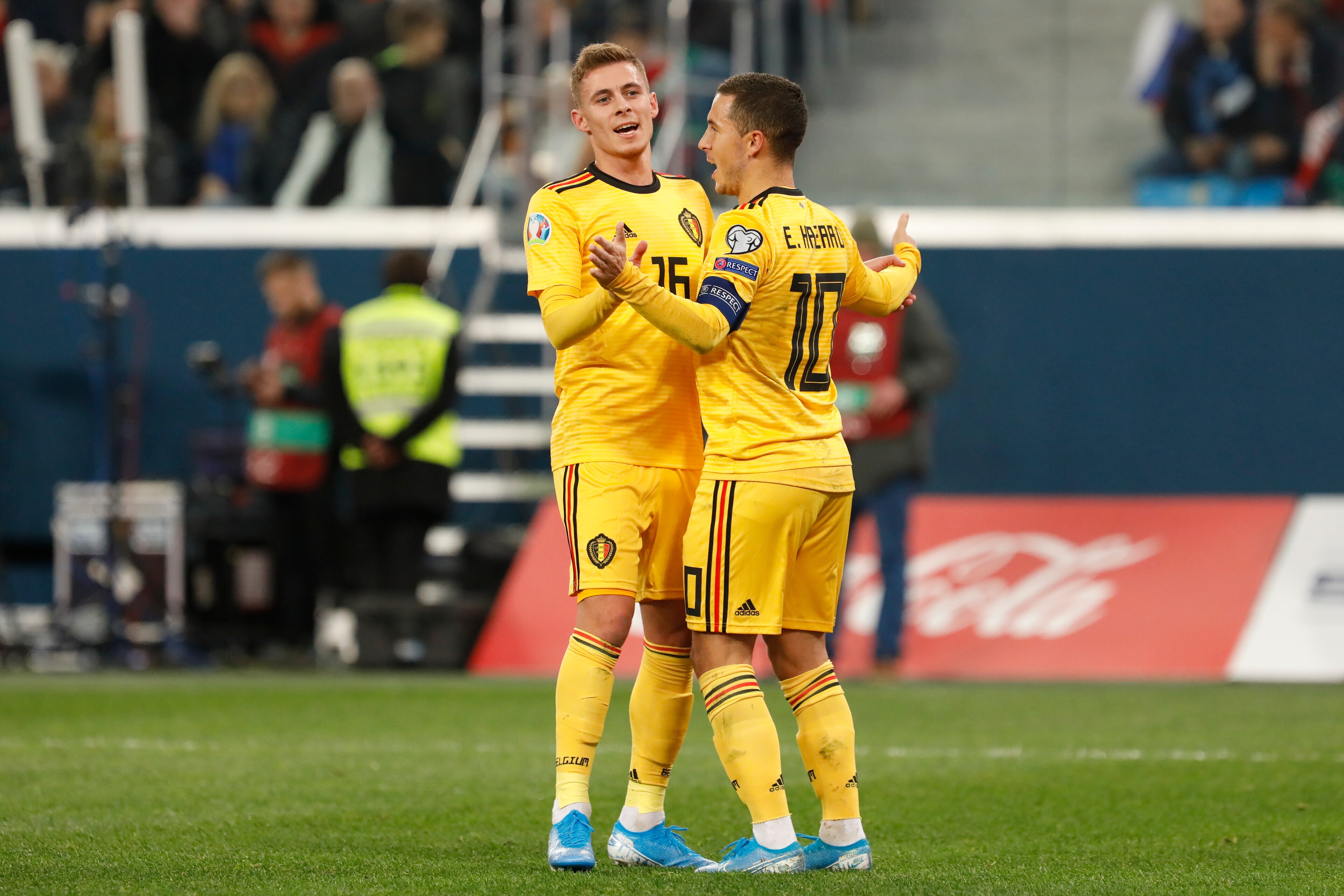 SAINT PETERSBURG, RUSSIA - NOVEMBER 16: Eden Hazard (R) of Belgium celebrates his goal with Thorgan Hazard during the UEFA Euro 2020 Qualifier between Russia and Belgium on November 16, 2019 in Saint Petersburg, Russia. (Photo by Mike Kireev/MB Media/Gett