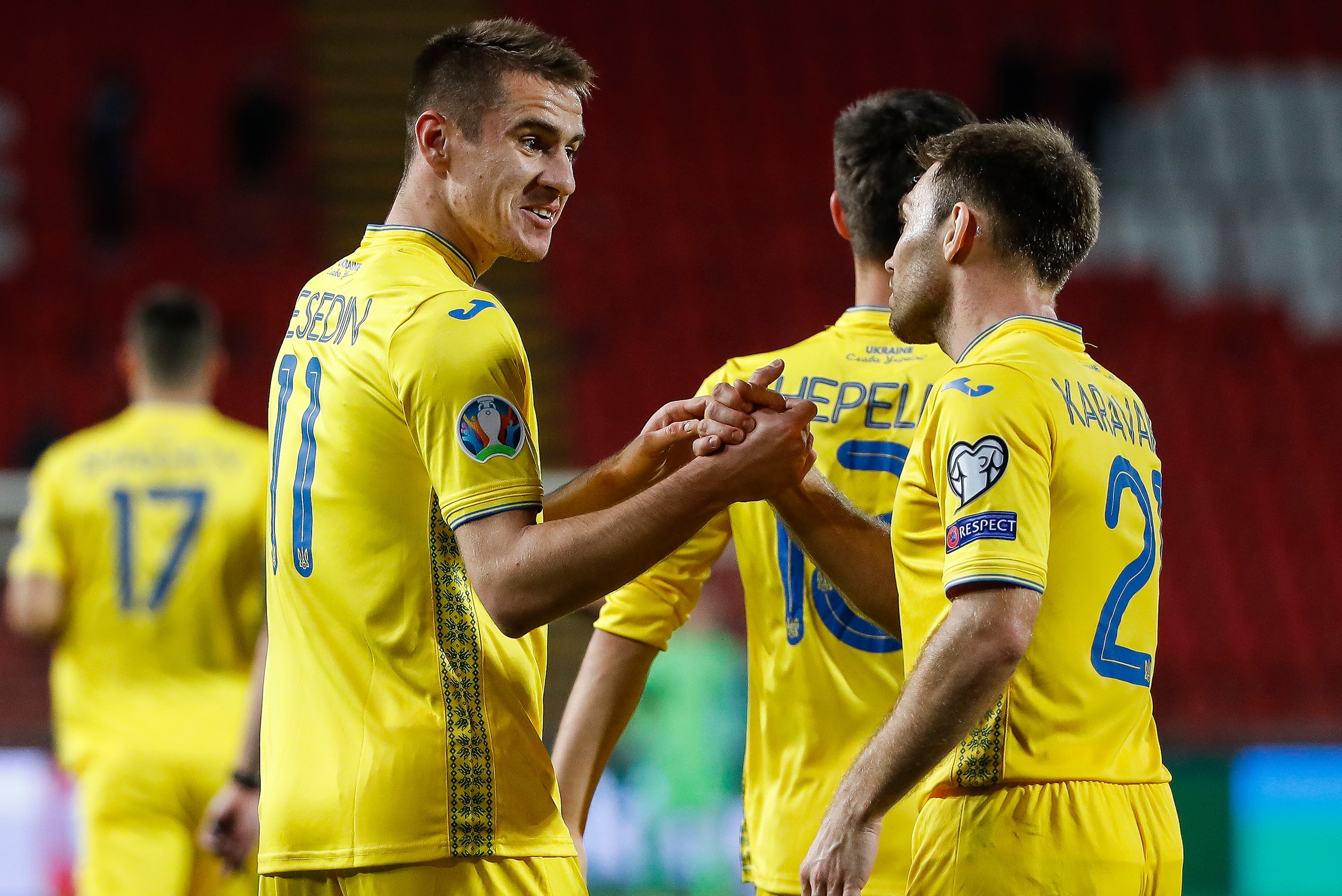 BELGRADE, SERBIA - NOVEMBER 17: Artem Besedin (L) of Ukraine celebrates after scoring a goal with Oleksandr Karavaev (R) during the UEFA Euro 2020 Qualifier between Serbia and Ukraine on November 17, 2019 in Belgrade, Serbia. (Photo by Srdjan Stevanovic/G