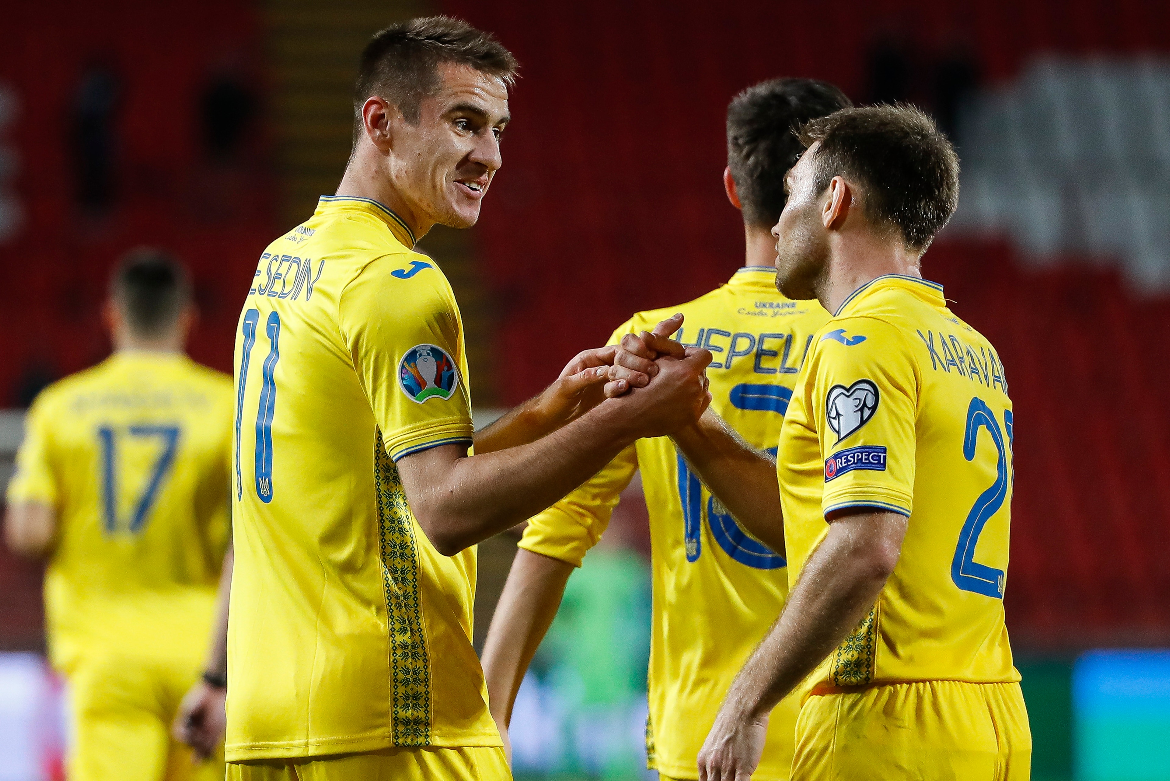 BELGRADE, SERBIA - NOVEMBER 17: Artem Besedin (L) of Ukraine celebrates after scoring a goal with Oleksandr Karavaev (R) during the UEFA Euro 2020 Qualifier between Serbia and Ukraine on November 17, 2019 in Belgrade, Serbia. (Photo by Srdjan Stevanovic/G