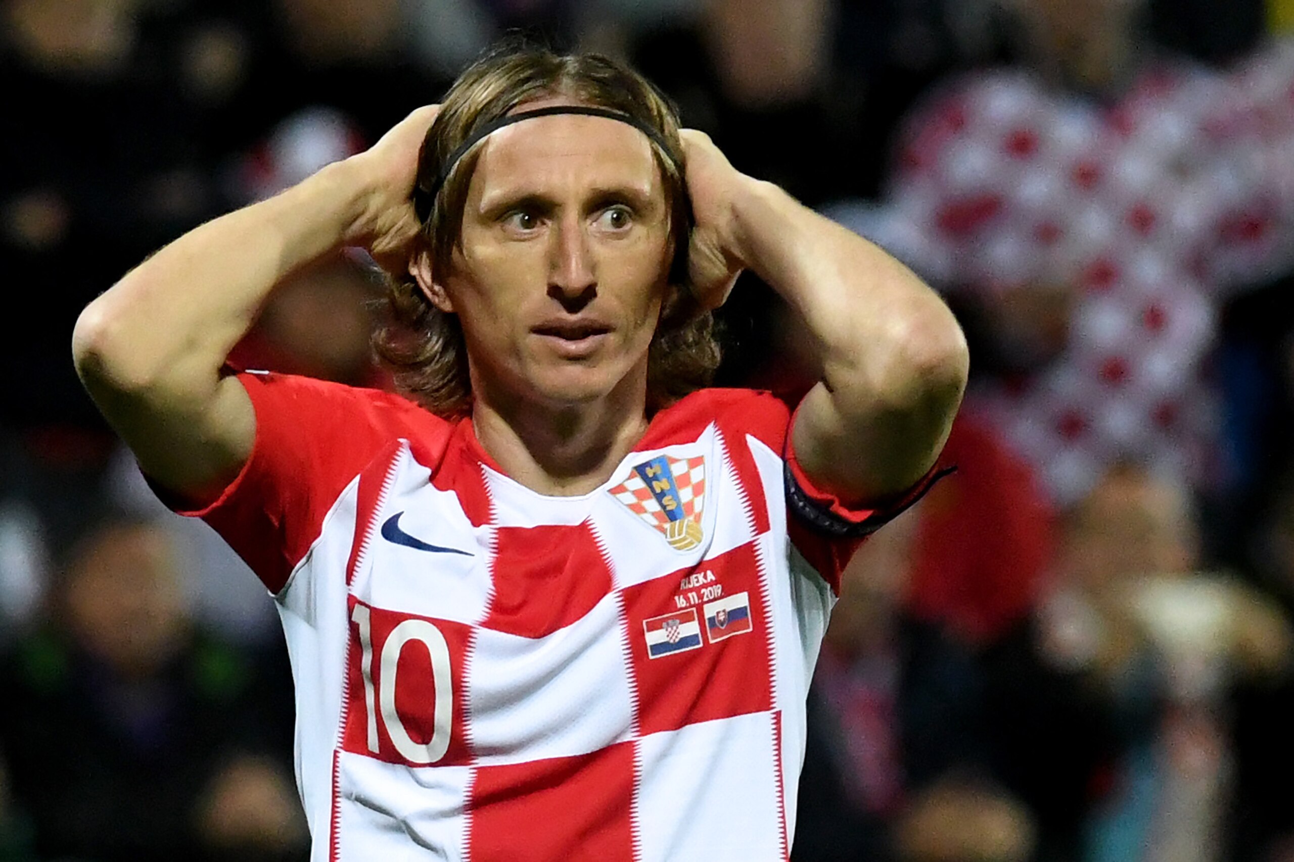 Croatia's midfielder Luka Modric reacts during the Euro 2020 Group E football qualification match between Croatia and Slovakia at the Rujevica Stadium in Rijeka, Croatia on November 16, 2019. (Photo by Denis LOVROVIC / AFP) (Photo by DENIS LOVROVIC/AFP vi