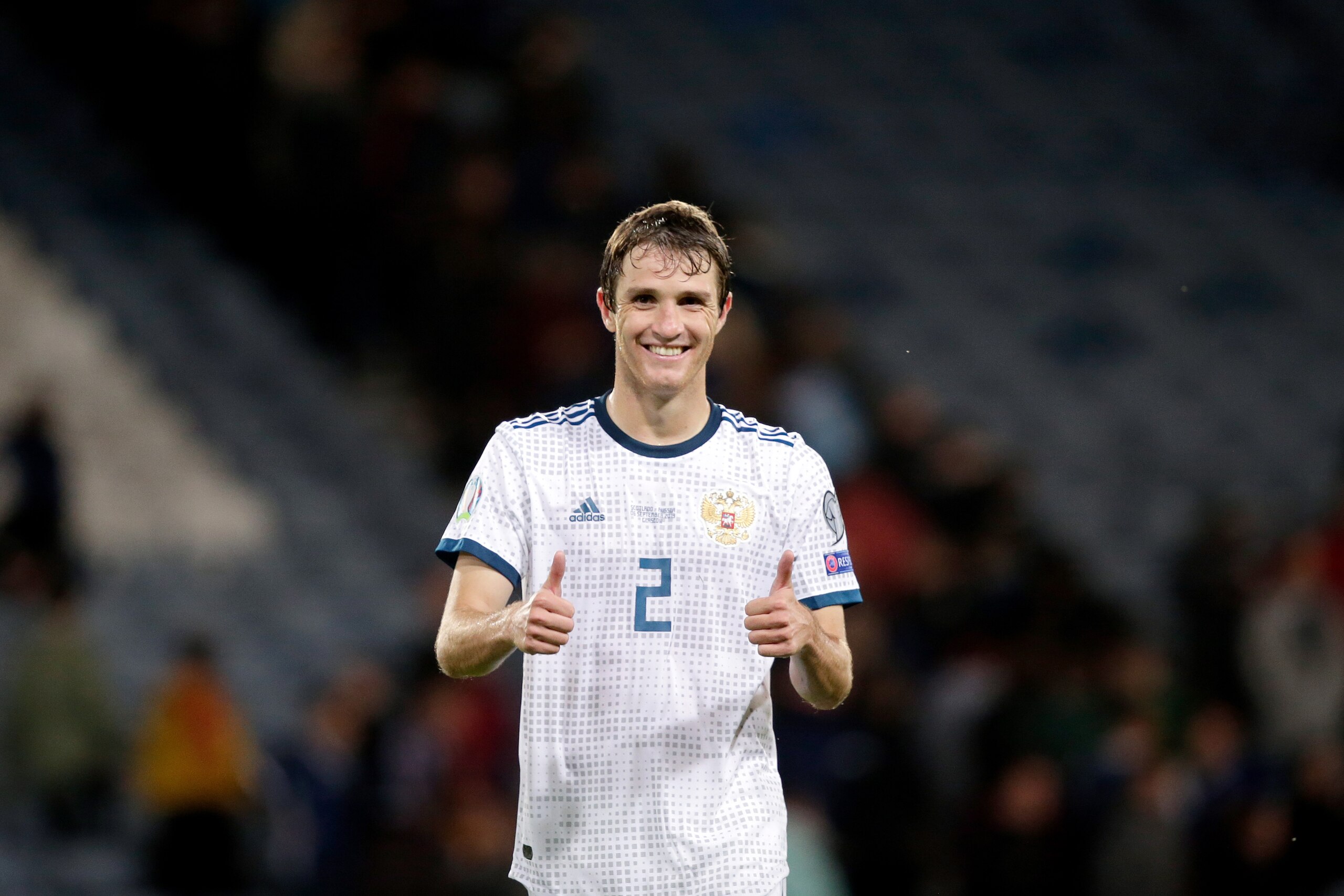 GLASGOW, UNITED KINGDOM - SEPTEMBER 6: Mario Fernandes of Russia celebrates the victory  during the  EURO Qualifier match between Scotland  v Russia  at the Hampden Park on September 6, 2019 in Glasgow United Kingdom (Photo by Erwin Spek/Soccrates/Getty I