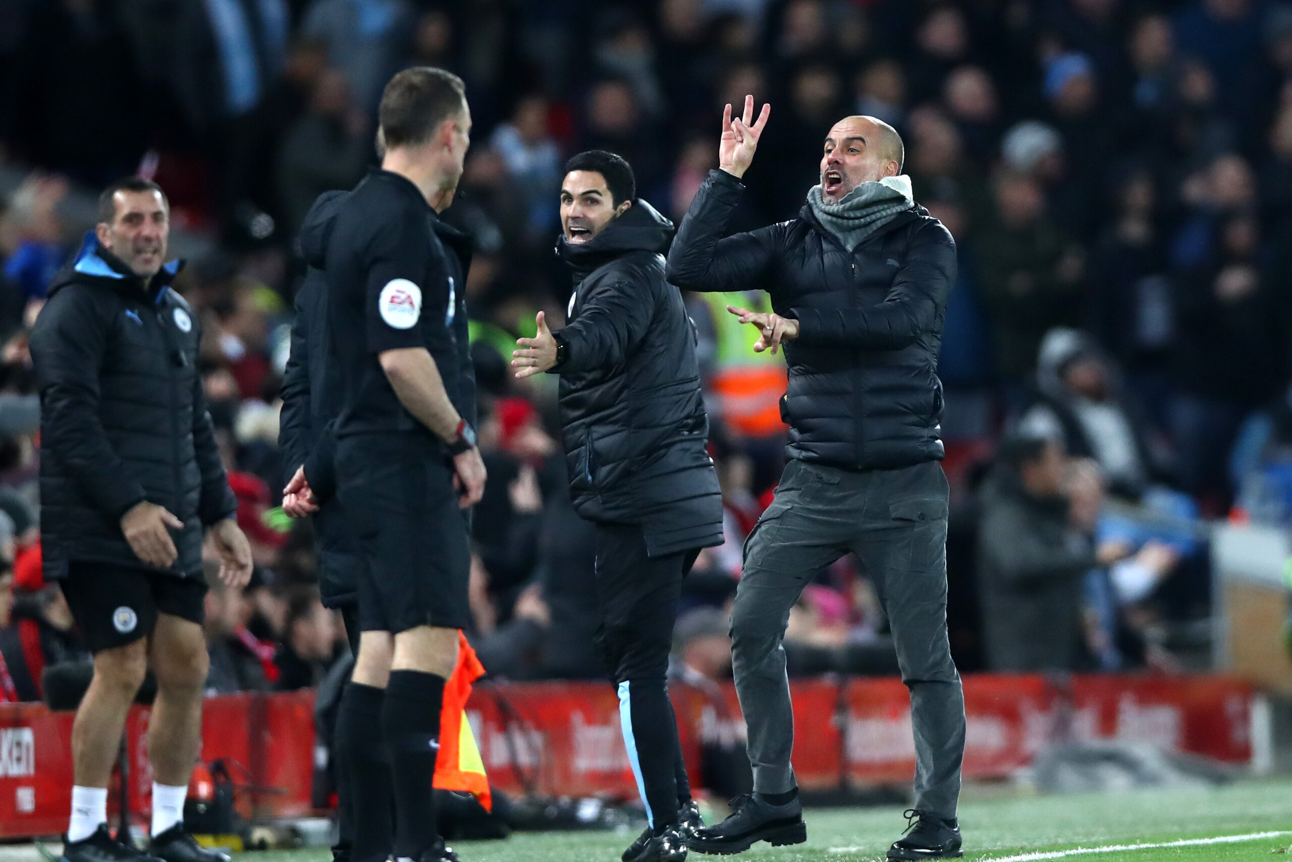 LIVERPOOL, ENGLAND - NOVEMBER 10: Manchester City Manager Pep Guardiola reacts during the Premier League match between Liverpool FC and Manchester City at Anfield on November 10, 2019 in Liverpool, United Kingdom. (Photo by Chloe Knott - Danehouse/Getty I