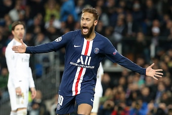 MADRID, SPAIN - NOVEMBER 26: Neymar Jr of PSG celebrates the goal of Pablo Sarabia of PSG tying the game during the UEFA Champions League group A match between Real Madrid and Paris Saint-Germain (PSG) at Santiago Bernabeu stadium on November 26, 2019 in 