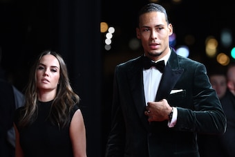 Liverpool's Dutch defender Virgil van Dijk and his wife Rike Nooitgedagt (L) arrive to attend the Ballon d'Or France Football 2019 ceremony at the Chatelet Theatre in Paris on December 2, 2019. (Photo by FRANCK FIFE / AFP) (Photo by FRANCK FIFE/AFP via Ge