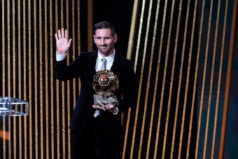 PARIS, FRANCE - DECEMBER 02: Lionel Messi (ARG / FC Barcelona) poses onstage with after winning his sixth Ballon D'Or award during the Ballon D'Or Ceremony at Theatre Du Chatelet on December 02, 2019 in Paris, France. (Photo by Kristy Sparow/Getty Images)