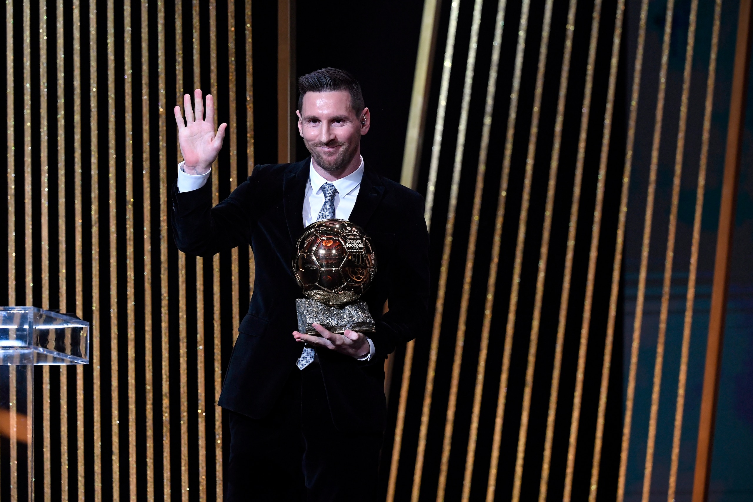 PARIS, FRANCE - DECEMBER 02: Lionel Messi (ARG / FC Barcelona) poses onstage with after winning his sixth Ballon D'Or award during the Ballon D'Or Ceremony at Theatre Du Chatelet on December 02, 2019 in Paris, France. (Photo by Kristy Sparow/Getty Images)
