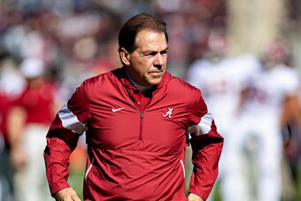 FAYETTEVILLE, AR - NOVEMBER 9:   Head Coach Nick Saban of the Alabama Crimson Tide on the field watching his team warm up before a game against the Mississippi State Bulldogs at Davis Wade Stadium on November 16, 2019 in Starkville, Mississippi.  The Crim