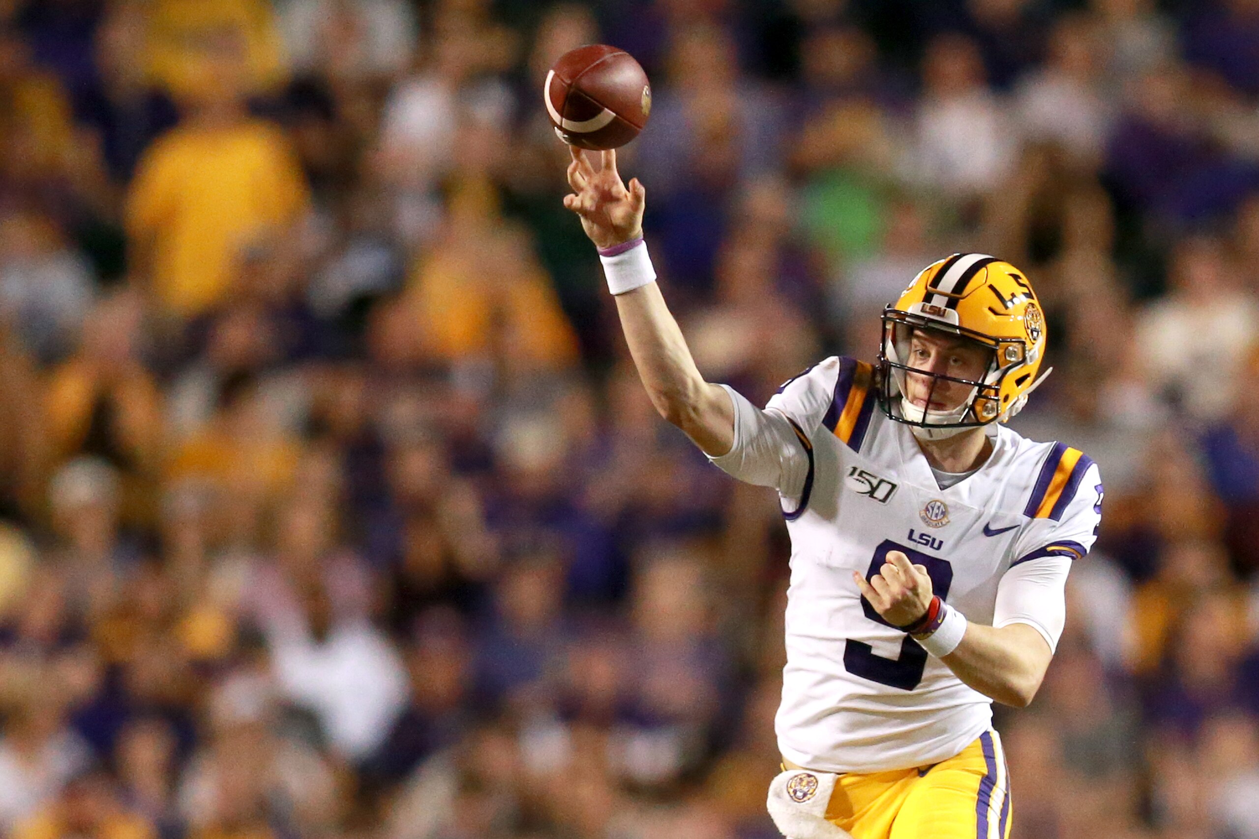 BATON ROUGE, LOUISIANA - NOVEMBER 30: Joe Burrow #9 of the LSU Tigers looks to pass during a game against the Texas A&M Aggies at Tiger Stadium on November 30, 2019 in Baton Rouge, Louisiana. (Photo by Sean Gardner/Getty Images)