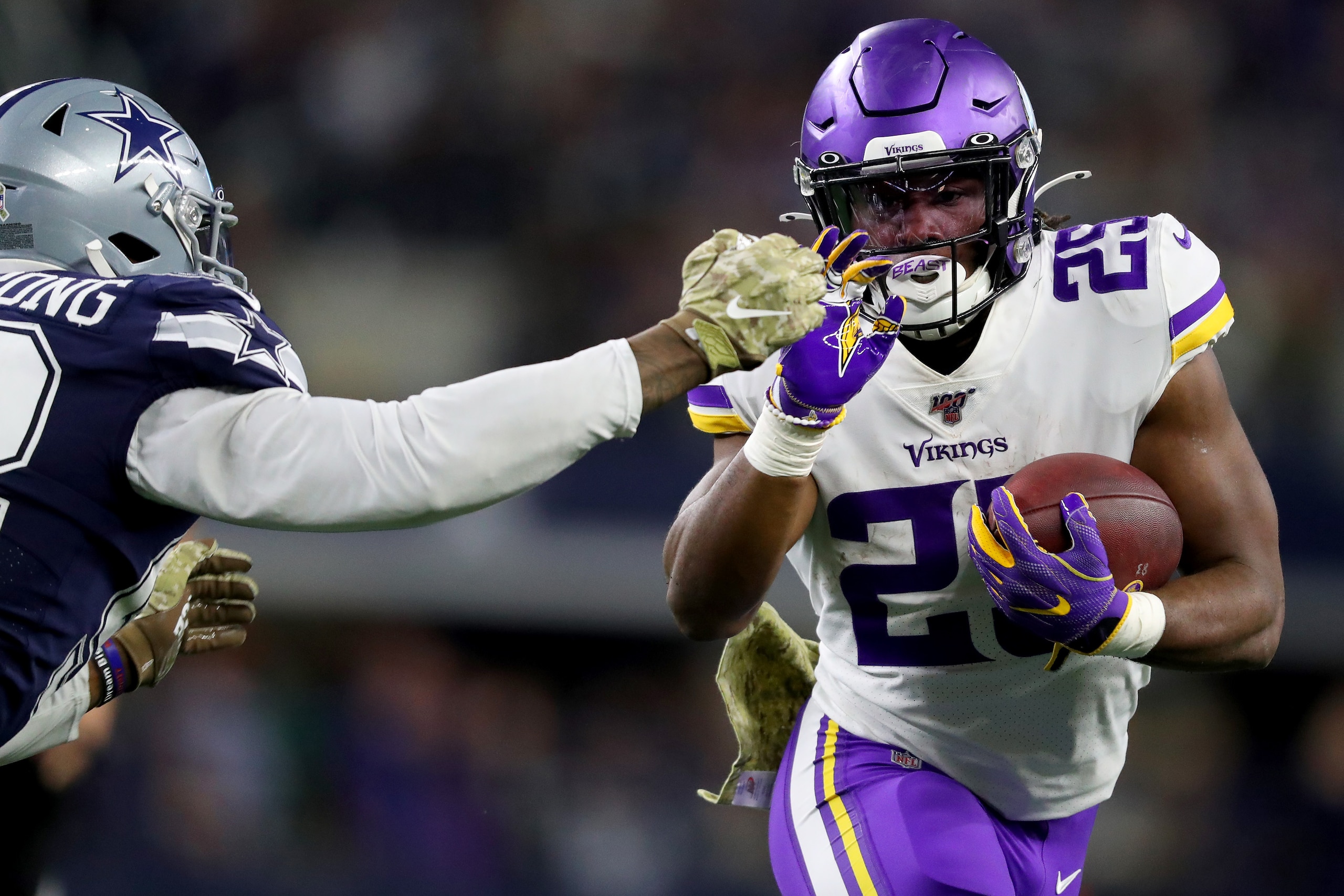 ARLINGTON, TEXAS - NOVEMBER 10: Alexander Mattison #25 of the Minnesota Vikings carries the ball against Dorance Armstrong #92 of the Dallas Cowboys in the third quarter at AT&T Stadium on November 10, 2019 in Arlington, Texas. (Photo by Tom Pennington/Ge ARLINGTON, TEXAS - NOVEMBER 10: Alexander Mattison #25 of the Minnesota Vikings carries the ball against Dorance Armstrong #92 of the Dallas Cowboys in the third quarter at AT&T Stadium on November 10, 2019 in Arlington, Texas. (Photo by Tom Pennington/Ge