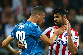 STOCKHOLM, SWEDEN - AUGUST 10:   Merih Demiral of Juventus reacts to Diego Costa of Atletico Madrid during the International Champions Cup match between Atletico Madrid and Juventus on August 10, 2019 in Stockholm, Sweden. (Photo by Charlie Crowhurst/Inte