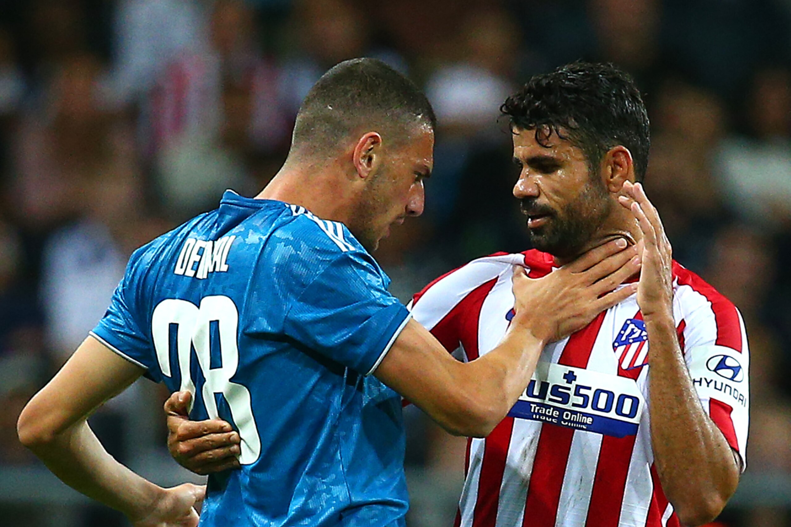 STOCKHOLM, SWEDEN - AUGUST 10:   Merih Demiral of Juventus reacts to Diego Costa of Atletico Madrid during the International Champions Cup match between Atletico Madrid and Juventus on August 10, 2019 in Stockholm, Sweden. (Photo by Charlie Crowhurst/Inte