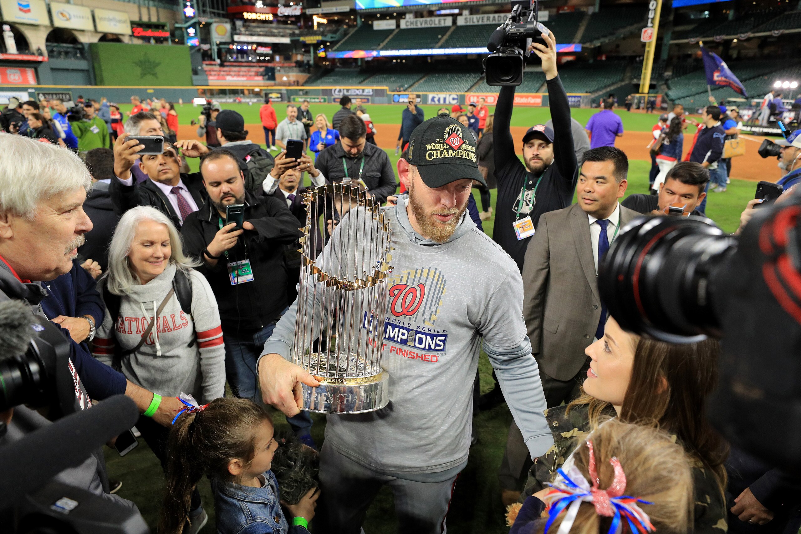 HOUSTON, TEXAS - OCTOBER 30: Stephen Strasburg #37 of the Washington Nationals celebrates after defeating the Houston Astros 6-2 in Game Seven to win the 2019 World Series in Game Seven of the 2019 World Series at Minute Maid Park on October 30, 2019 in H