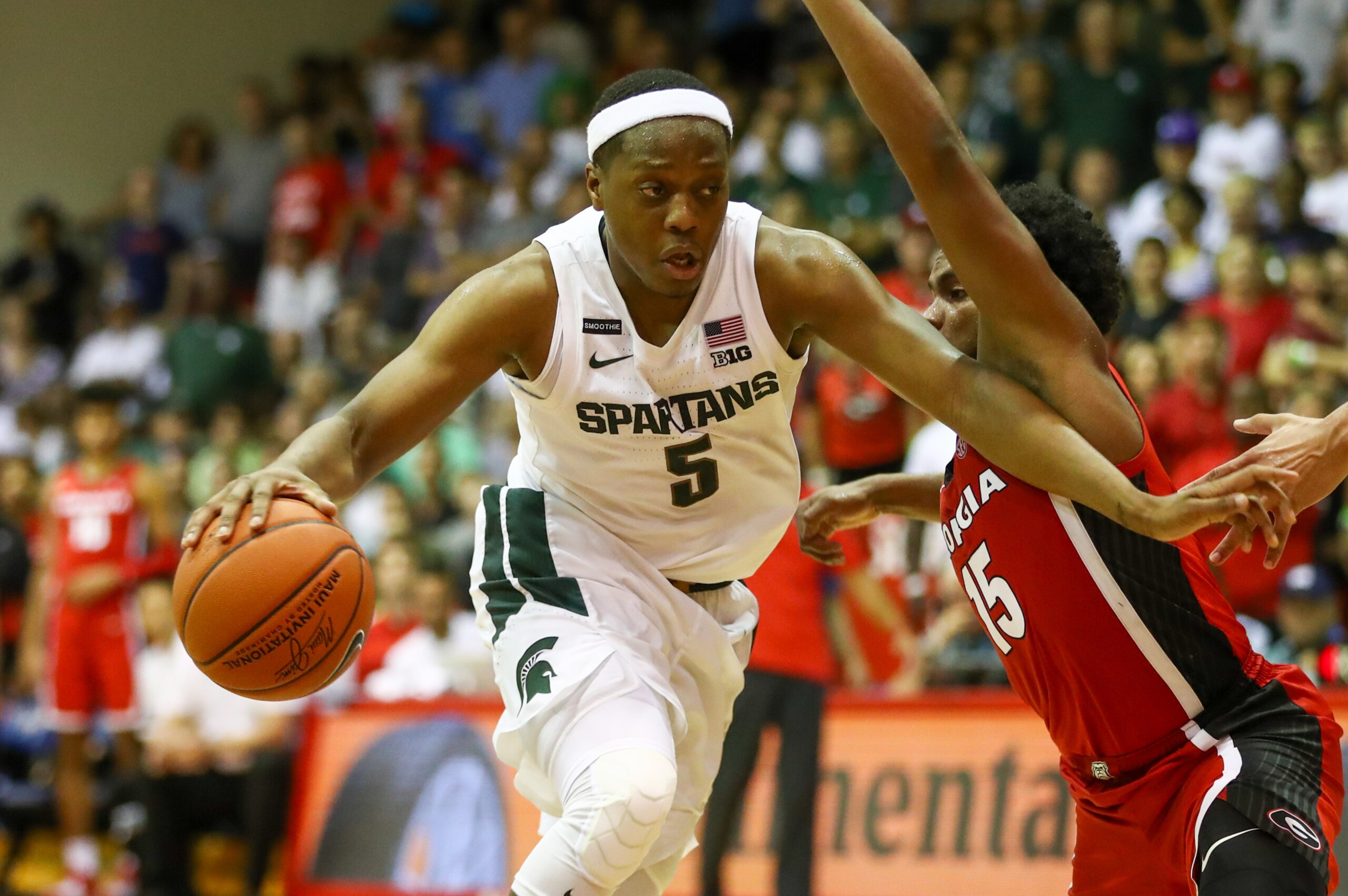 LAHAINA, HI - NOVEMBER 26: Cassius Winston #5 of the Michigan State Spartans drives to the basket during the second half against the Georgia Bulldogs at the Lahaina Civic Center on November 26, 2019 in Lahaina, Hawaii. (Photo by Darryl Oumi/Getty Images)