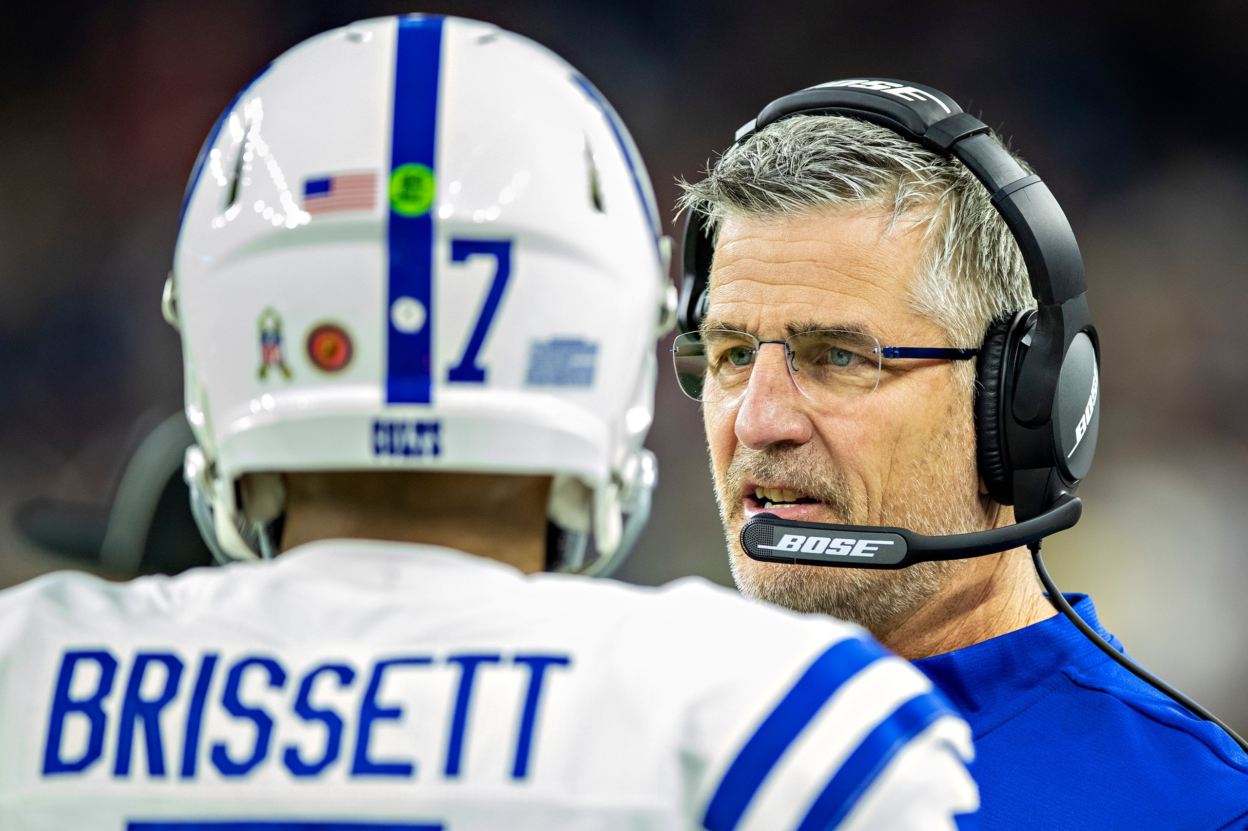HOUSTON, TX - NOVEMBER 21:  Head Coach Frank Reich talks with Jacoby Brissett #7 of the Indianapolis Colts during a game against the Houston Texans at NRG Stadium on November 21, 2019 in Houston, Texas.  The Texans defeated the Colts 20-17. (Photo by Wesl