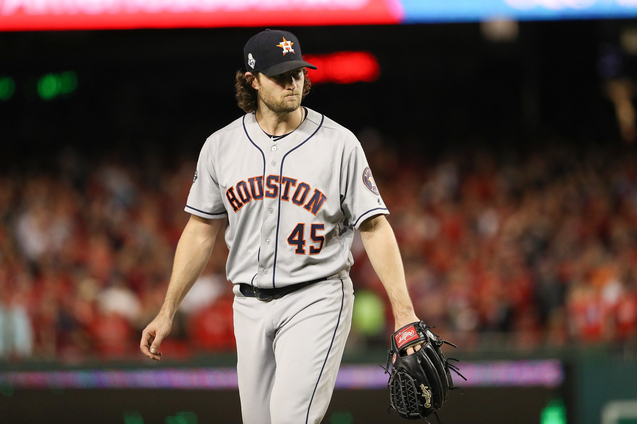 WASHINGTON, DC - OCTOBER 27:  Gerrit Cole #45 of the Houston Astros reacts after retiring the side in the seventh inning against the Washington Nationals in Game Five of the 2019 World Series at Nationals Park on October 27, 2019 in Washington, DC. (Photo